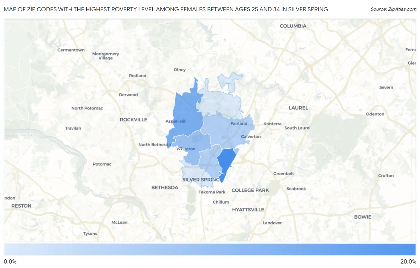 Zip Codes with the Highest Poverty Level Among Females Between Ages 25 and 34 in Silver Spring Map