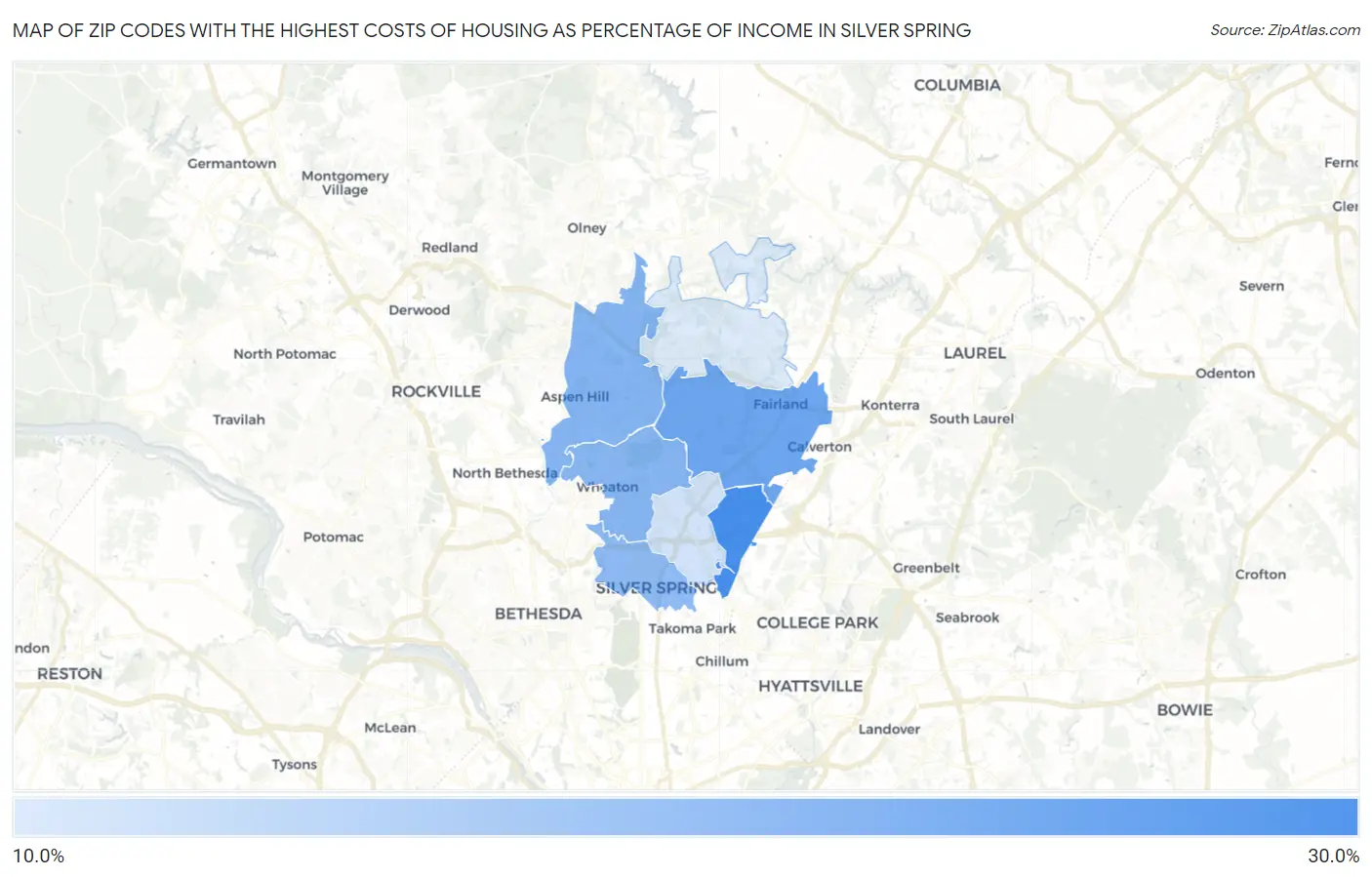 Zip Codes with the Highest Costs of Housing as Percentage of Income in Silver Spring Map