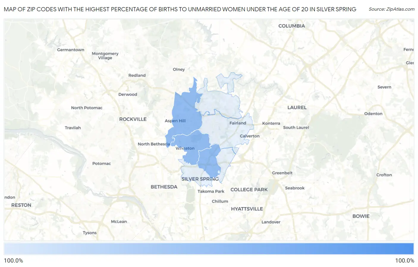 Zip Codes with the Highest Percentage of Births to Unmarried Women under the Age of 20 in Silver Spring Map