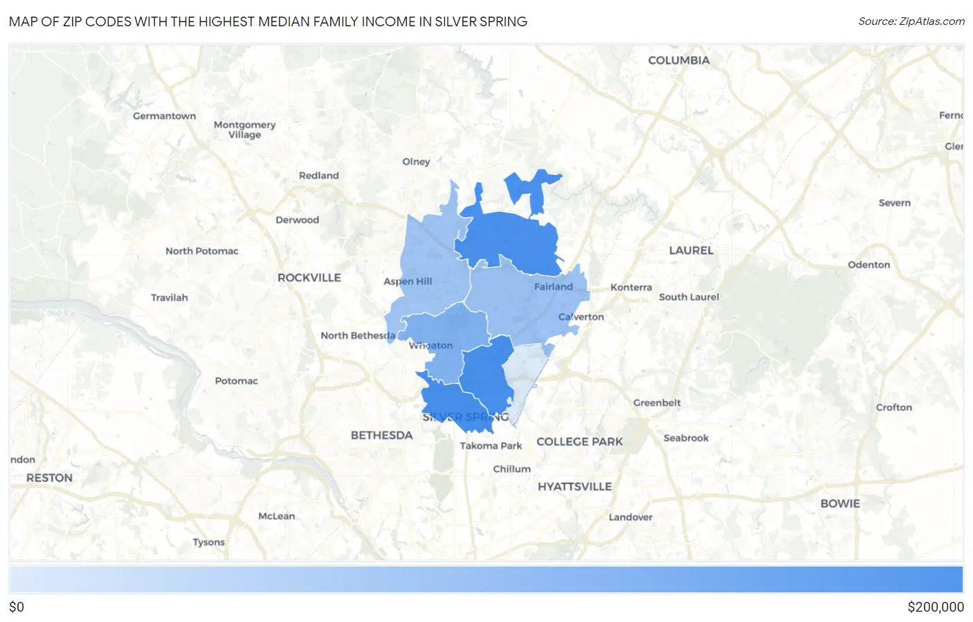 Zip Codes with the Highest Median Family Income in Silver Spring Map