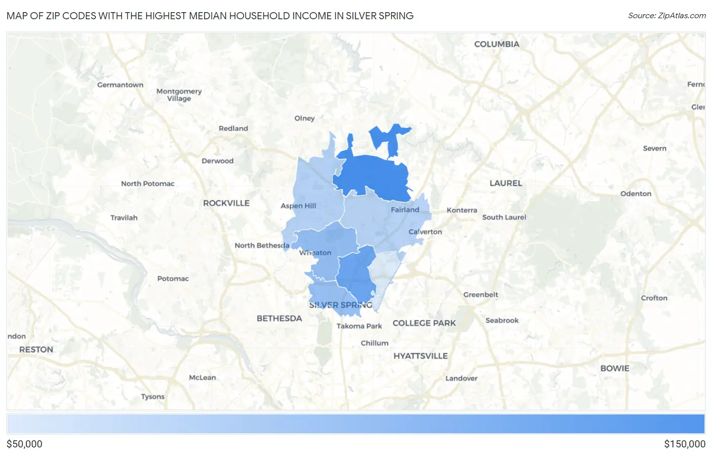 Zip Codes with the Highest Median Household Income in Silver Spring Map