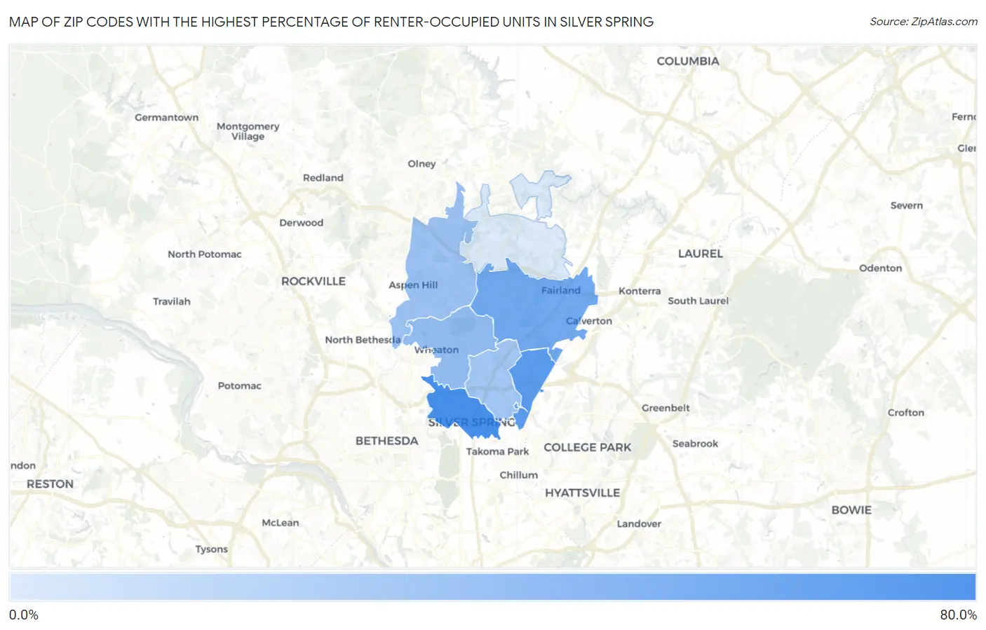 Zip Codes with the Highest Percentage of Renter-Occupied Units in Silver Spring Map