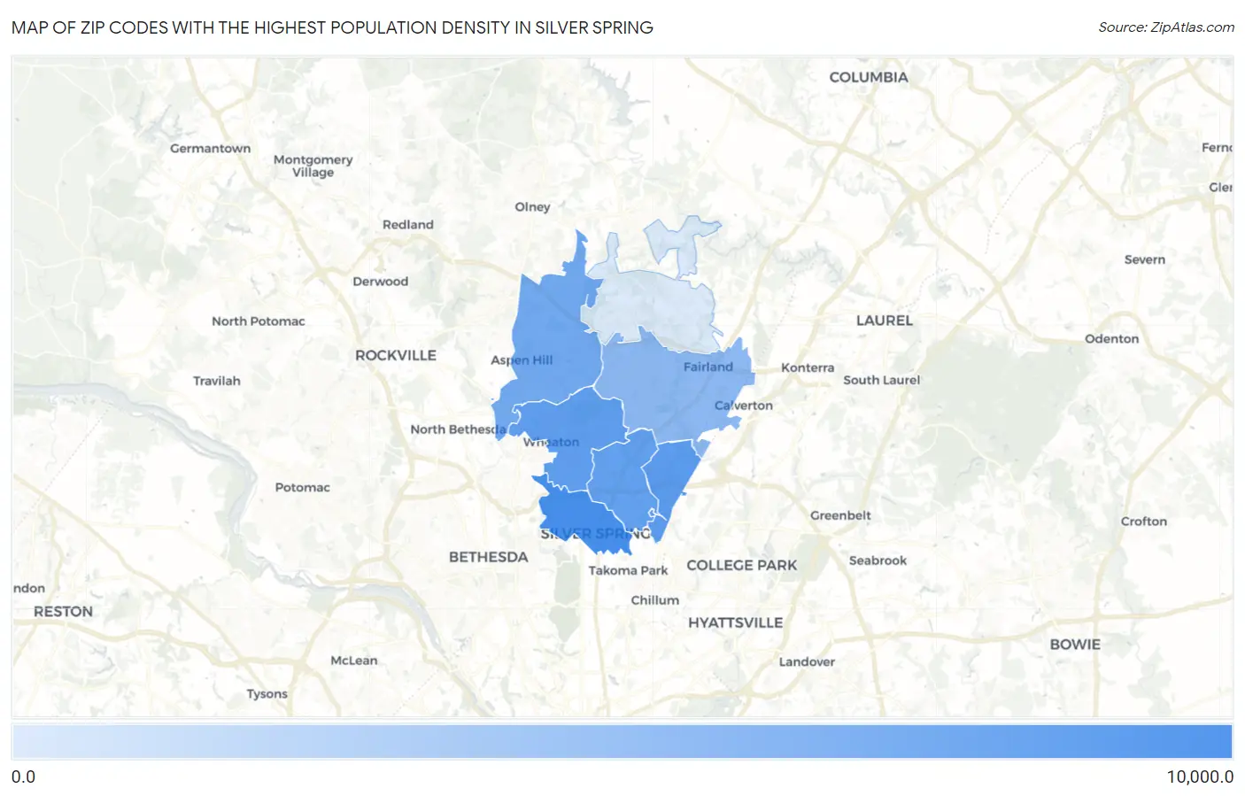 Zip Codes with the Highest Population Density in Silver Spring Map