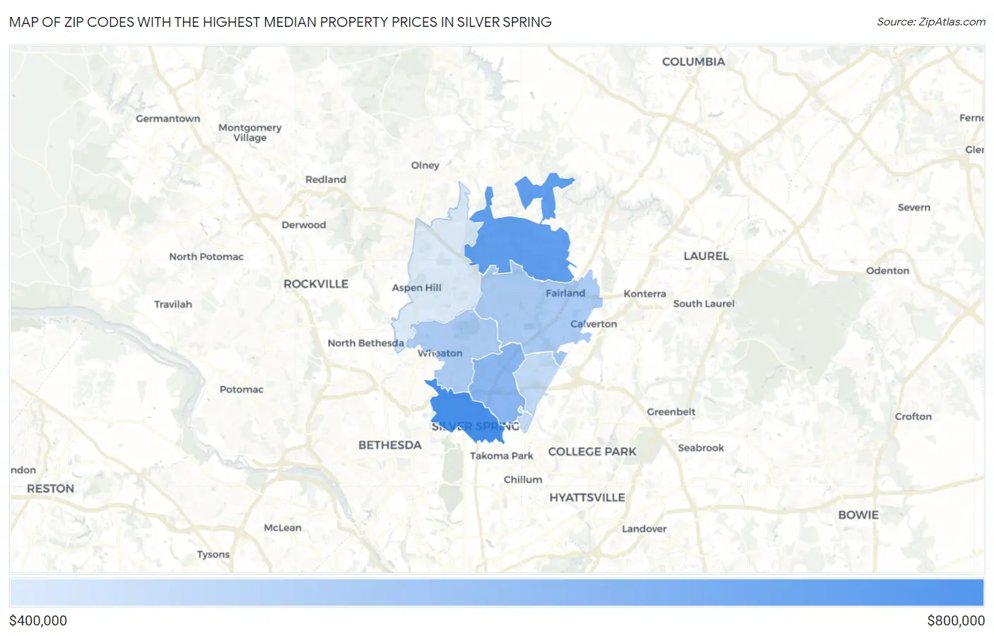 Zip Codes with the Highest Median Property Prices in Silver Spring Map