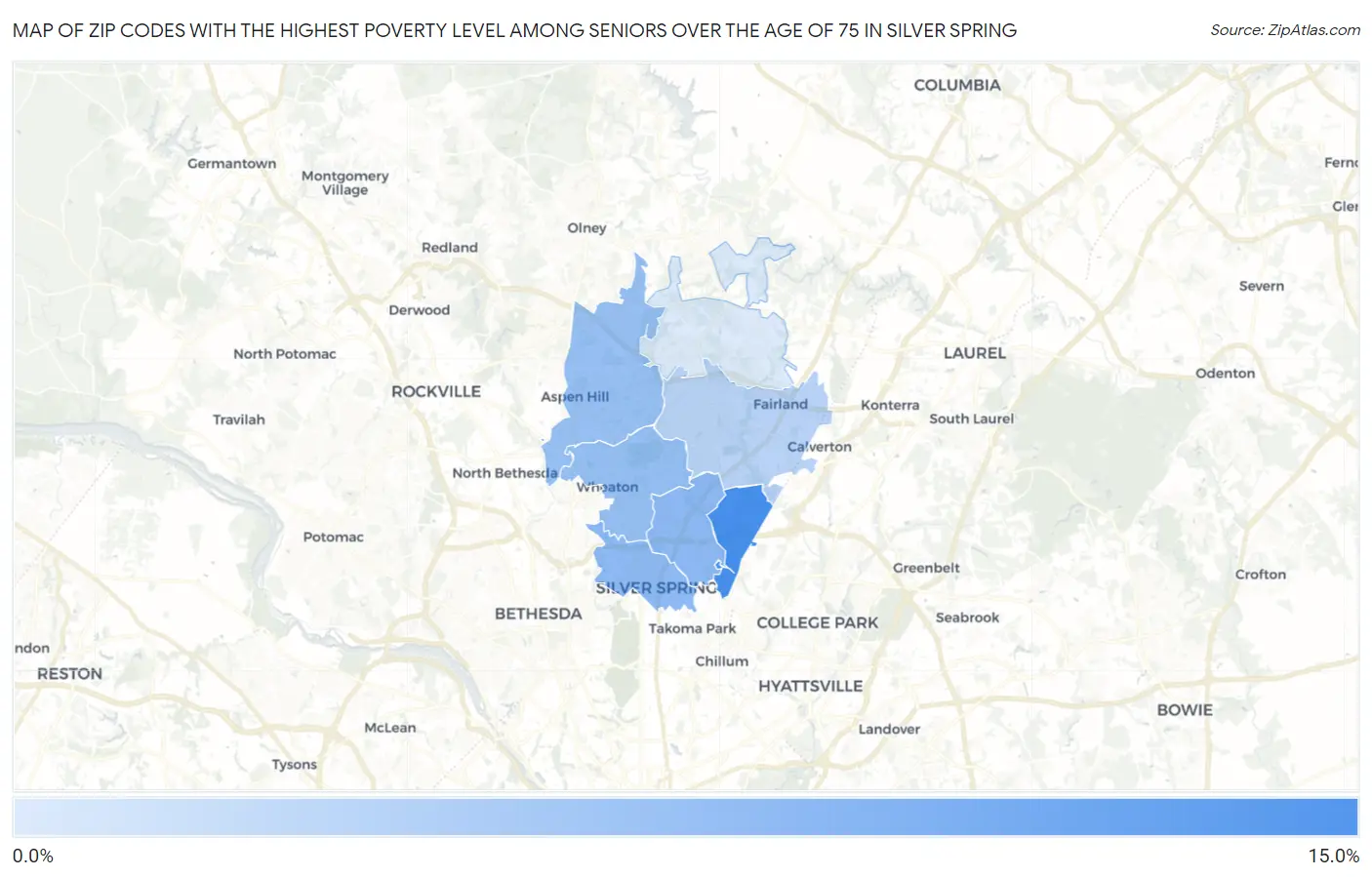 Zip Codes with the Highest Poverty Level Among Seniors Over the Age of 75 in Silver Spring Map