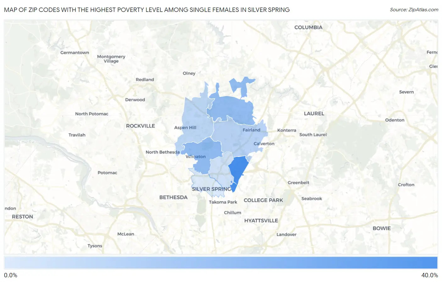 Zip Codes with the Highest Poverty Level Among Single Females in Silver Spring Map