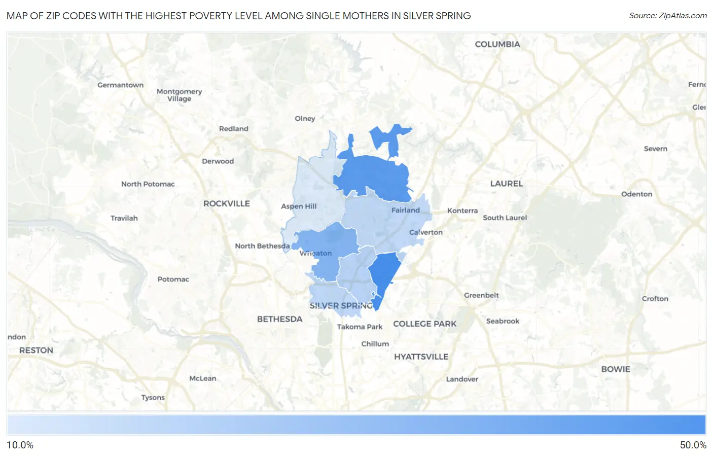 Zip Codes with the Highest Poverty Level Among Single Mothers in Silver Spring Map
