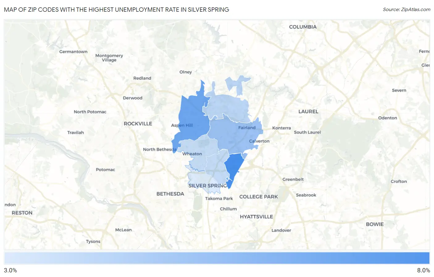 Zip Codes with the Highest Unemployment Rate in Silver Spring Map