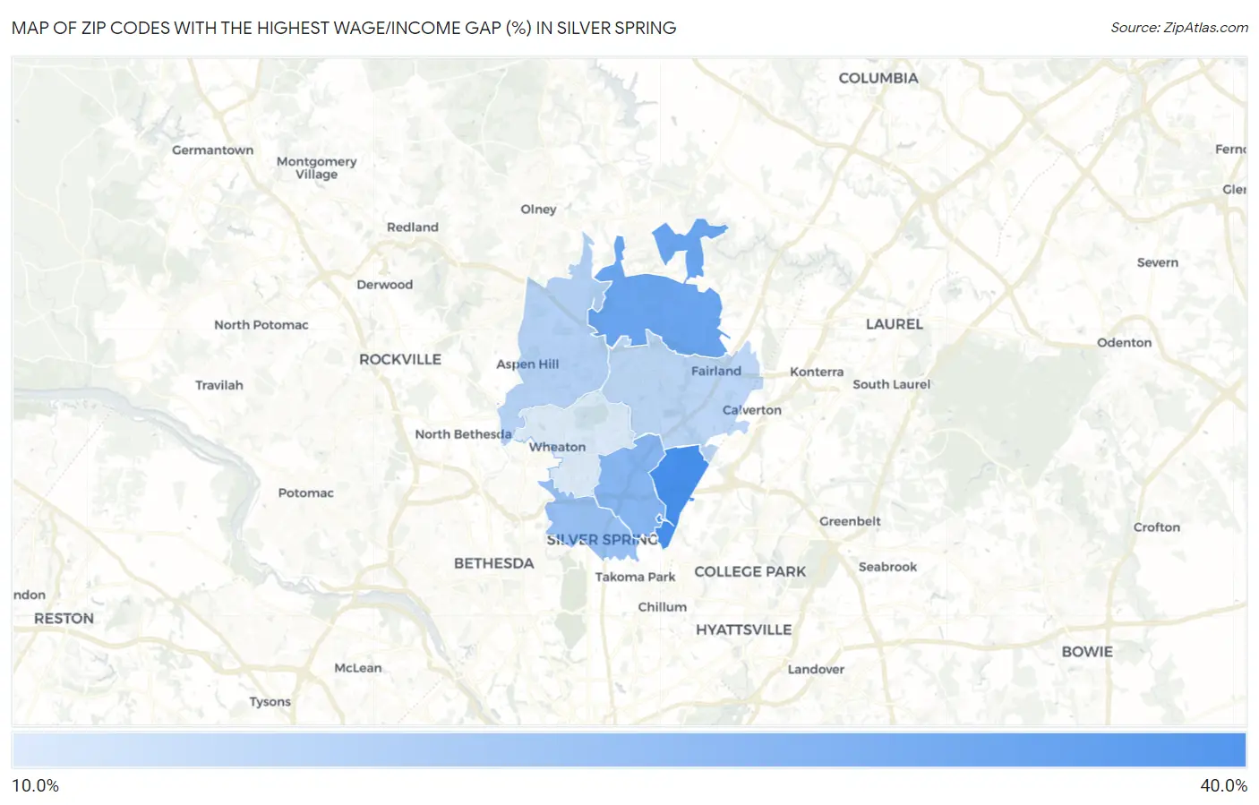 Zip Codes with the Highest Wage/Income Gap (%) in Silver Spring Map