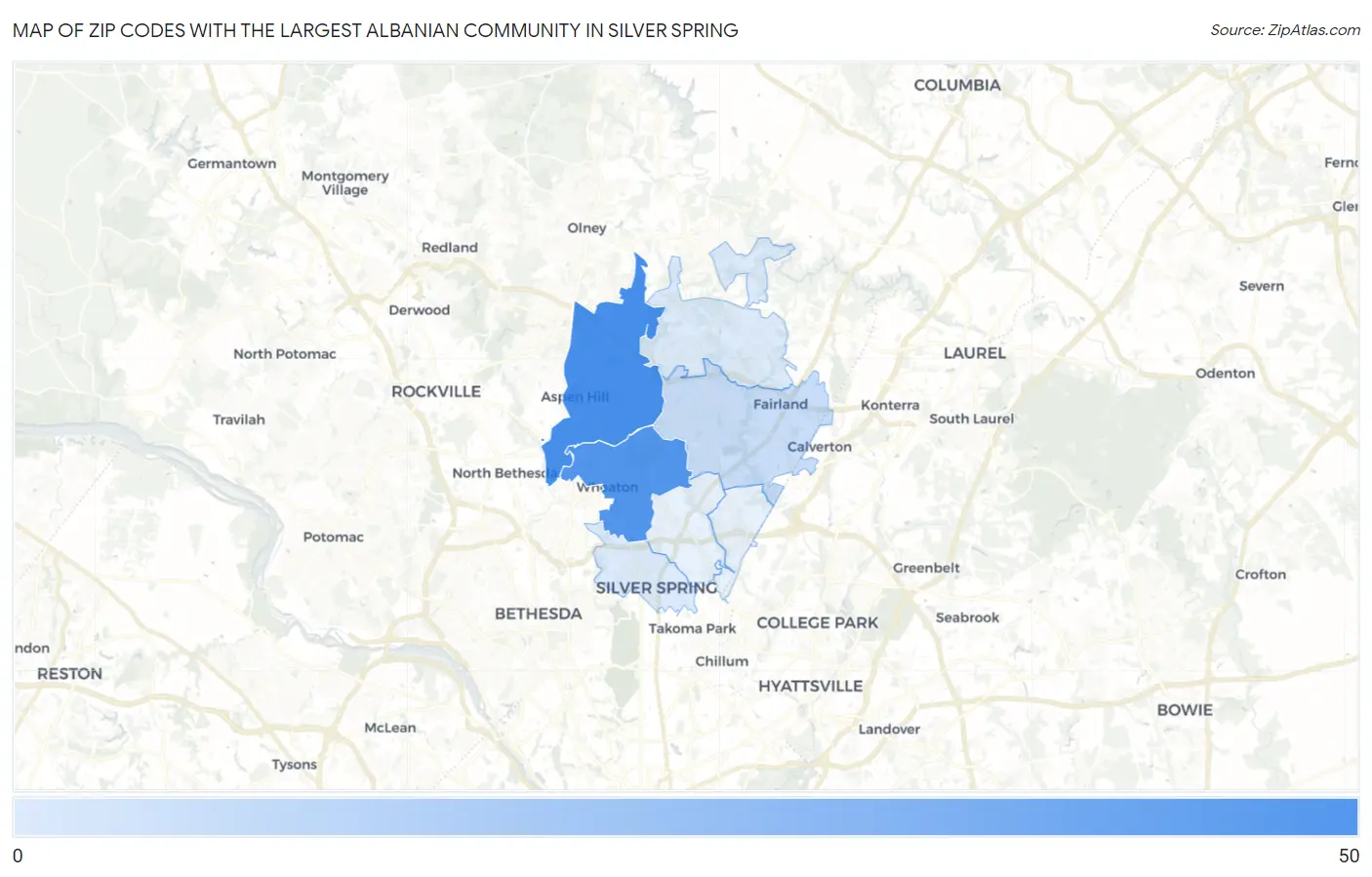 Zip Codes with the Largest Albanian Community in Silver Spring Map
