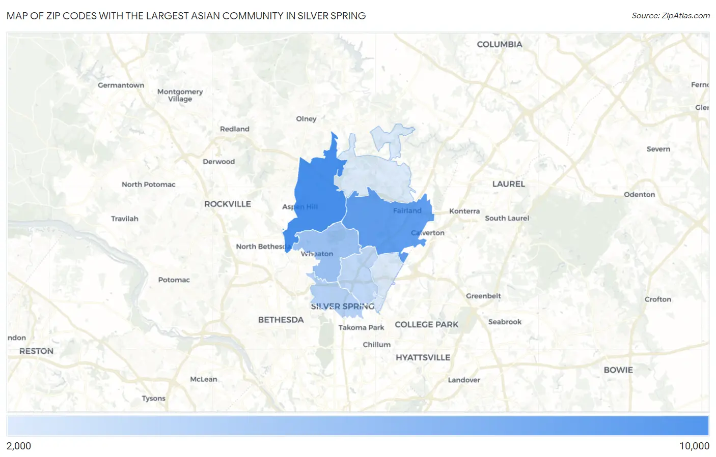 Zip Codes with the Largest Asian Community in Silver Spring Map