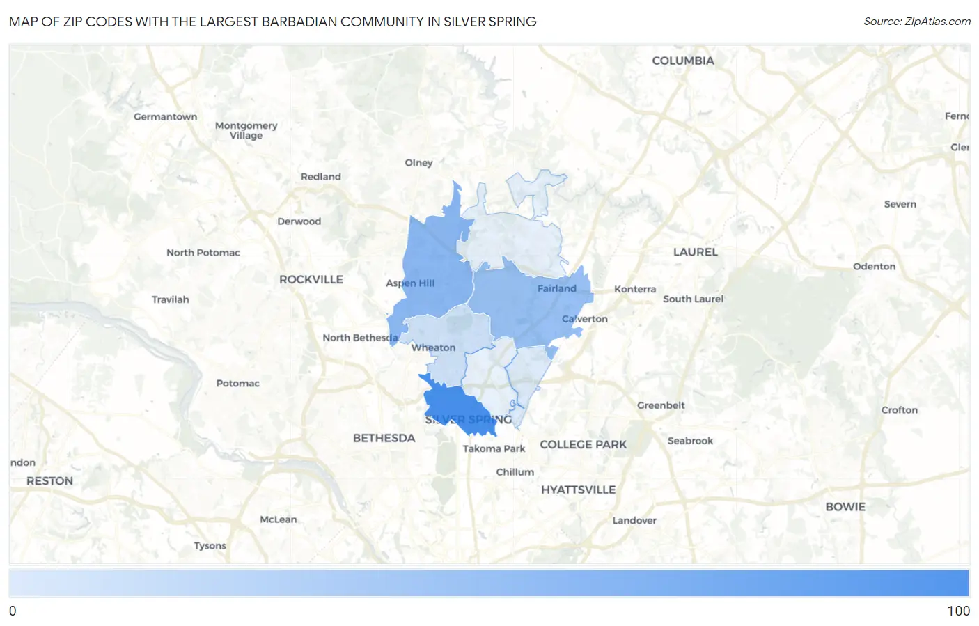 Zip Codes with the Largest Barbadian Community in Silver Spring Map