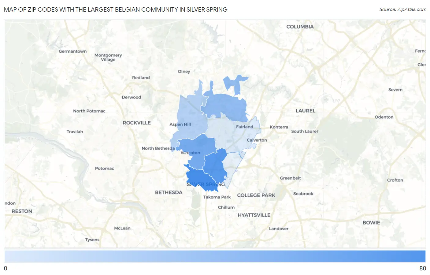 Zip Codes with the Largest Belgian Community in Silver Spring Map