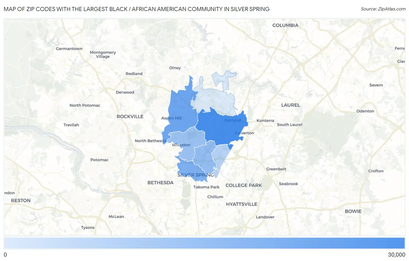 Zip Codes with the Largest Black / African American Community in Silver Spring Map