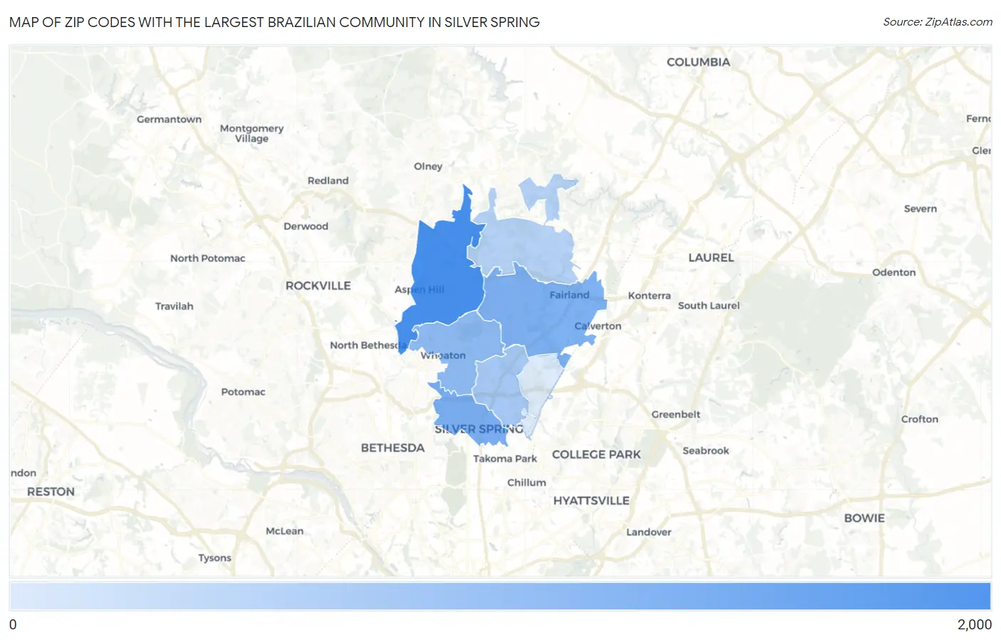 Zip Codes with the Largest Brazilian Community in Silver Spring Map