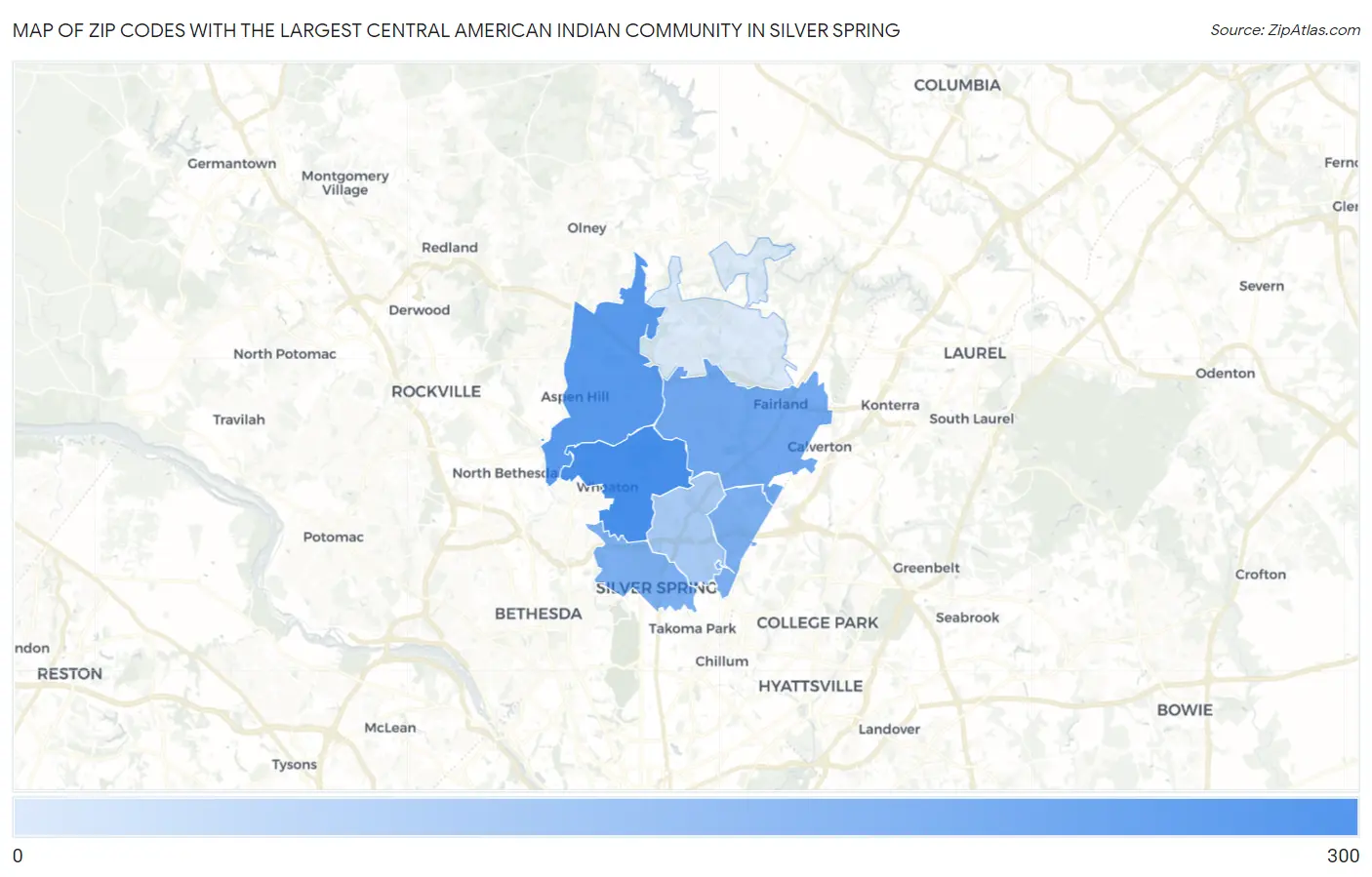 Zip Codes with the Largest Central American Indian Community in Silver Spring Map