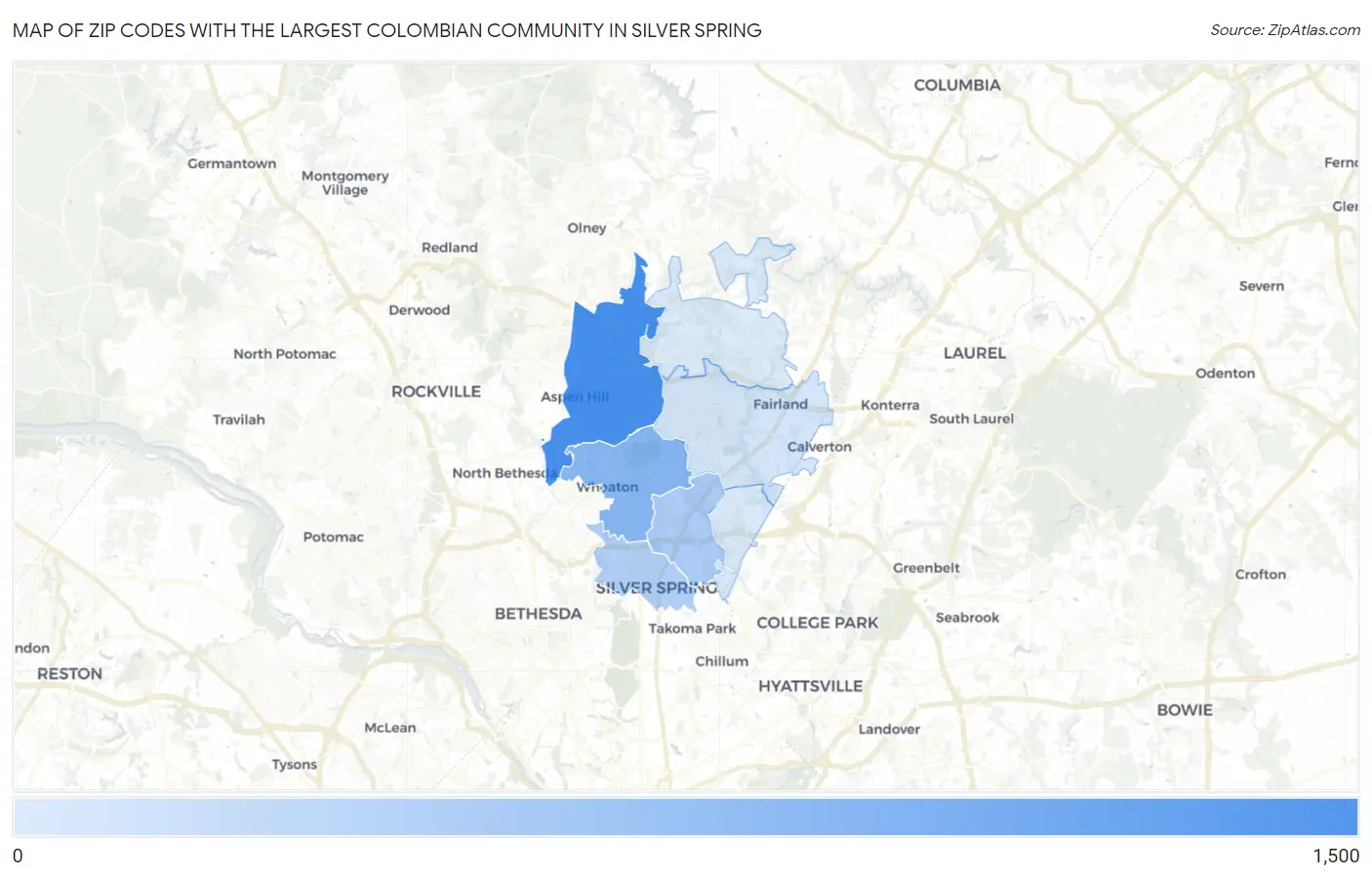 Zip Codes with the Largest Colombian Community in Silver Spring Map