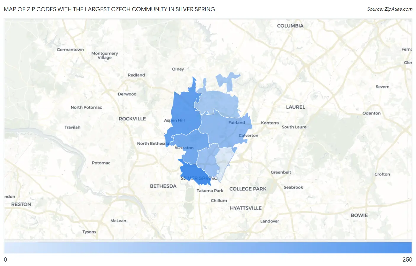 Zip Codes with the Largest Czech Community in Silver Spring Map