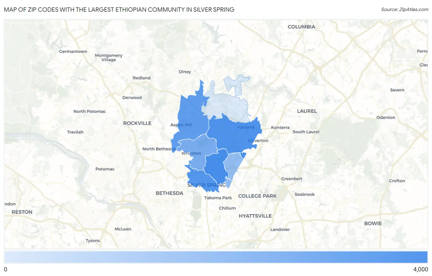 Zip Codes with the Largest Ethiopian Community in Silver Spring Map