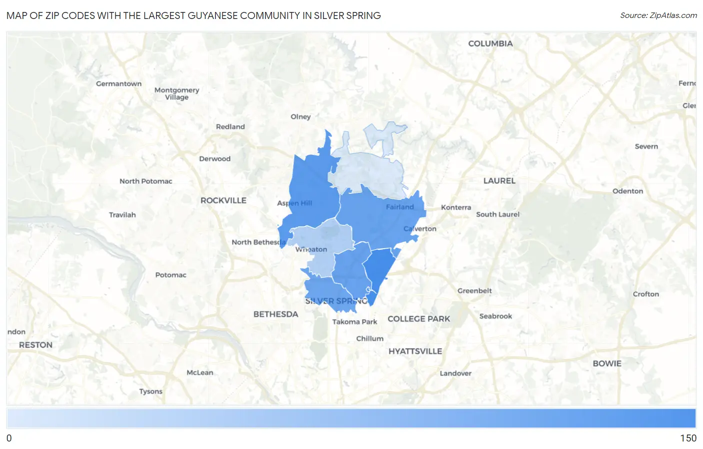 Zip Codes with the Largest Guyanese Community in Silver Spring Map
