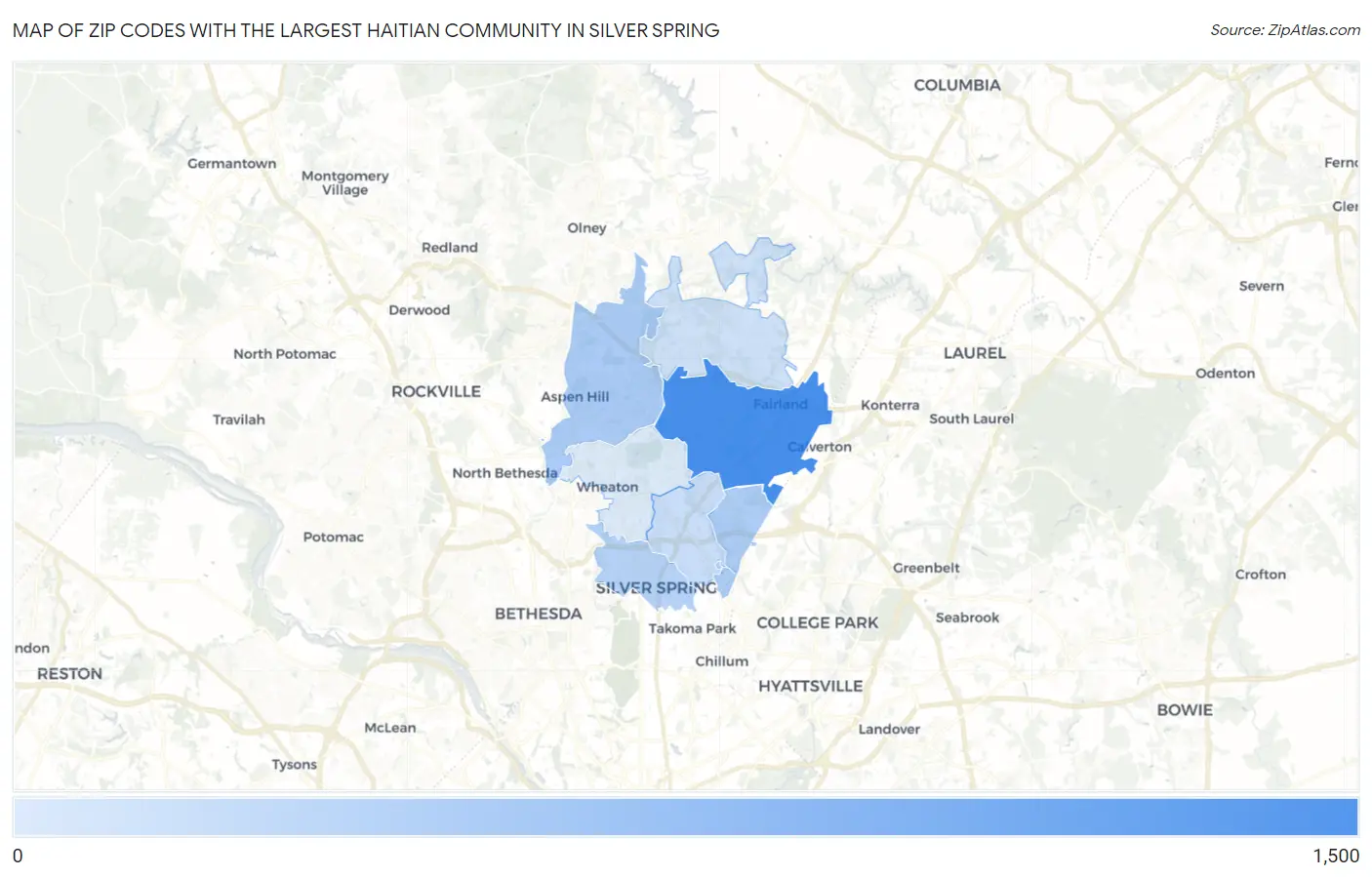 Zip Codes with the Largest Haitian Community in Silver Spring Map