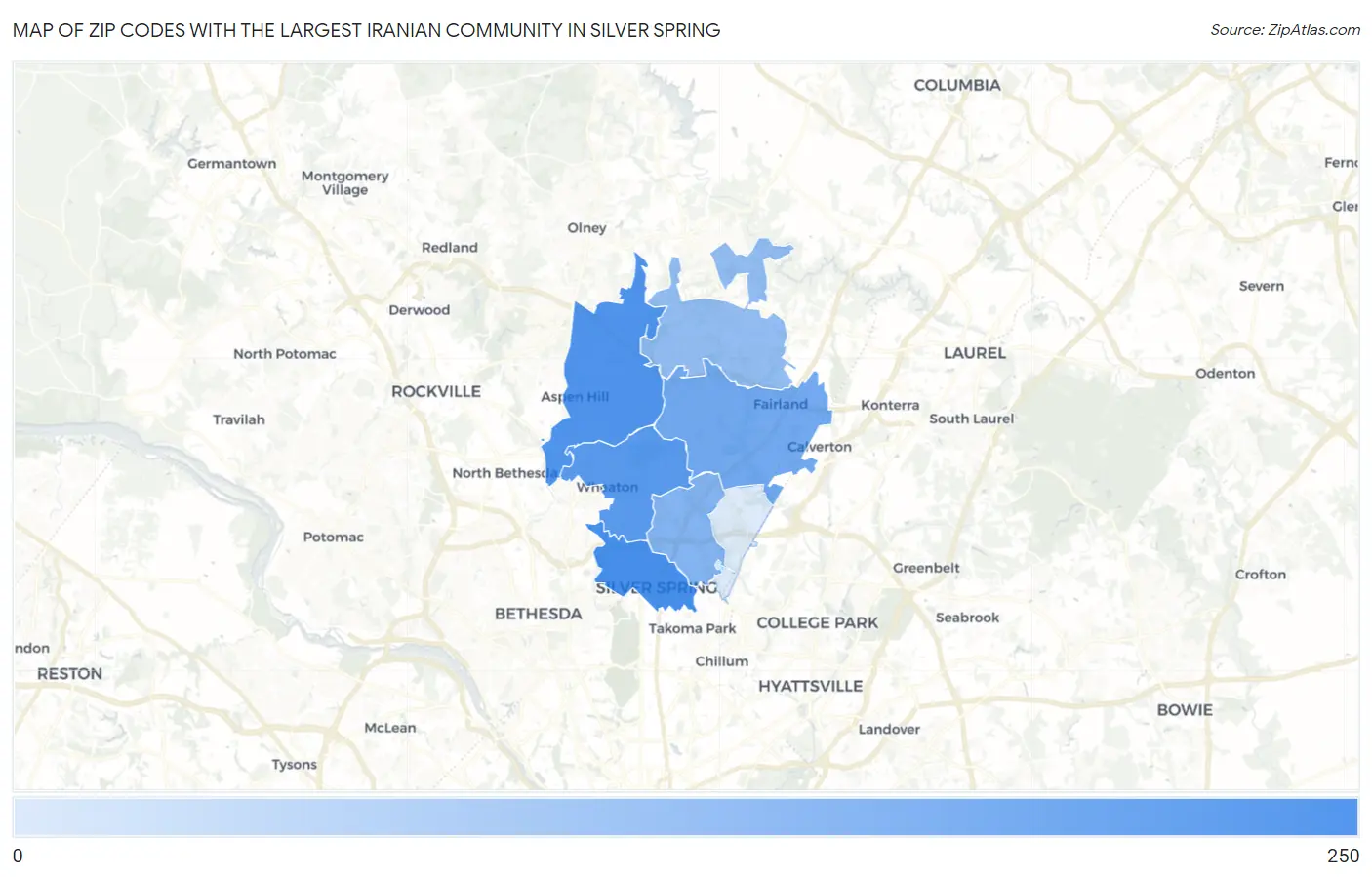 Zip Codes with the Largest Iranian Community in Silver Spring Map