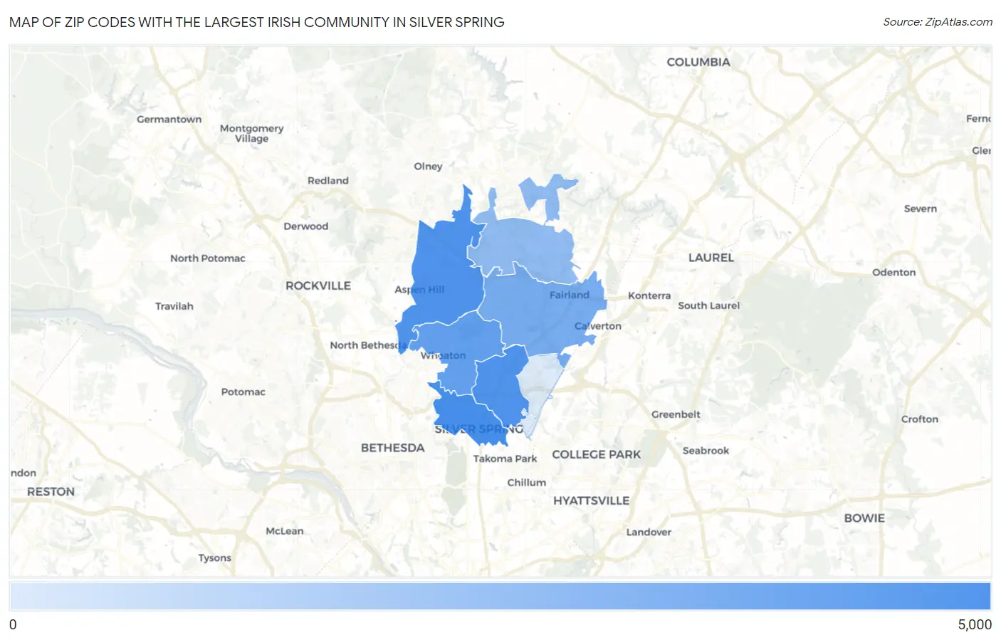 Zip Codes with the Largest Irish Community in Silver Spring Map