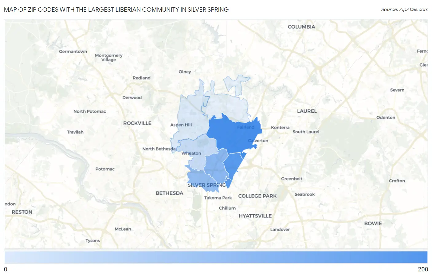 Zip Codes with the Largest Liberian Community in Silver Spring Map