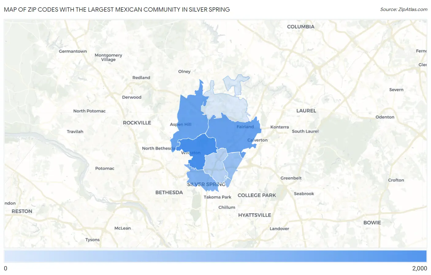 Zip Codes with the Largest Mexican Community in Silver Spring Map