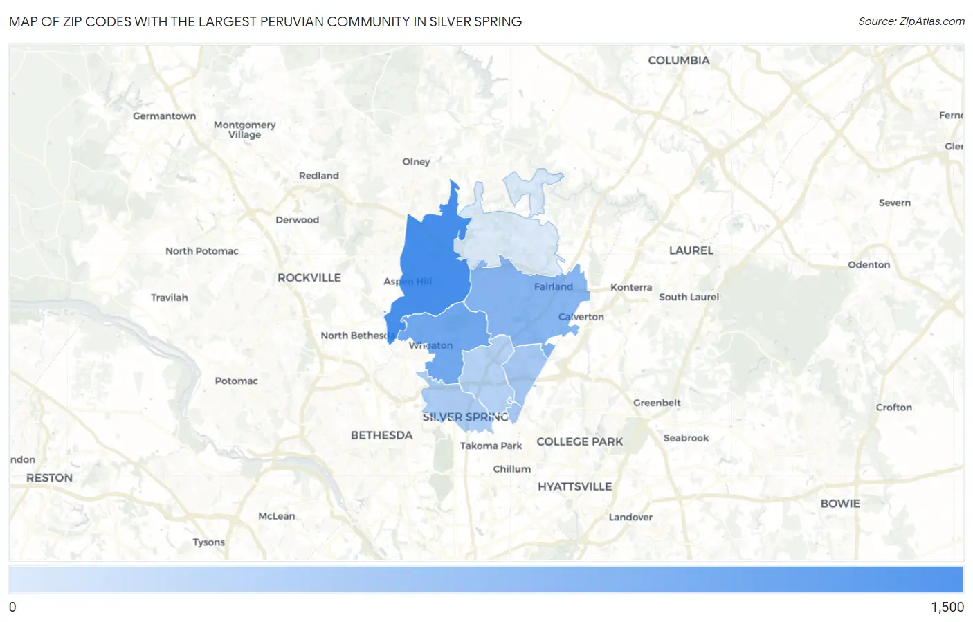 Zip Codes with the Largest Peruvian Community in Silver Spring Map