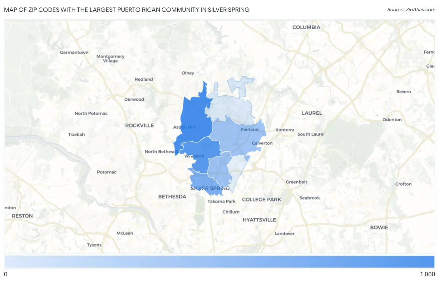 Zip Codes with the Largest Puerto Rican Community in Silver Spring Map