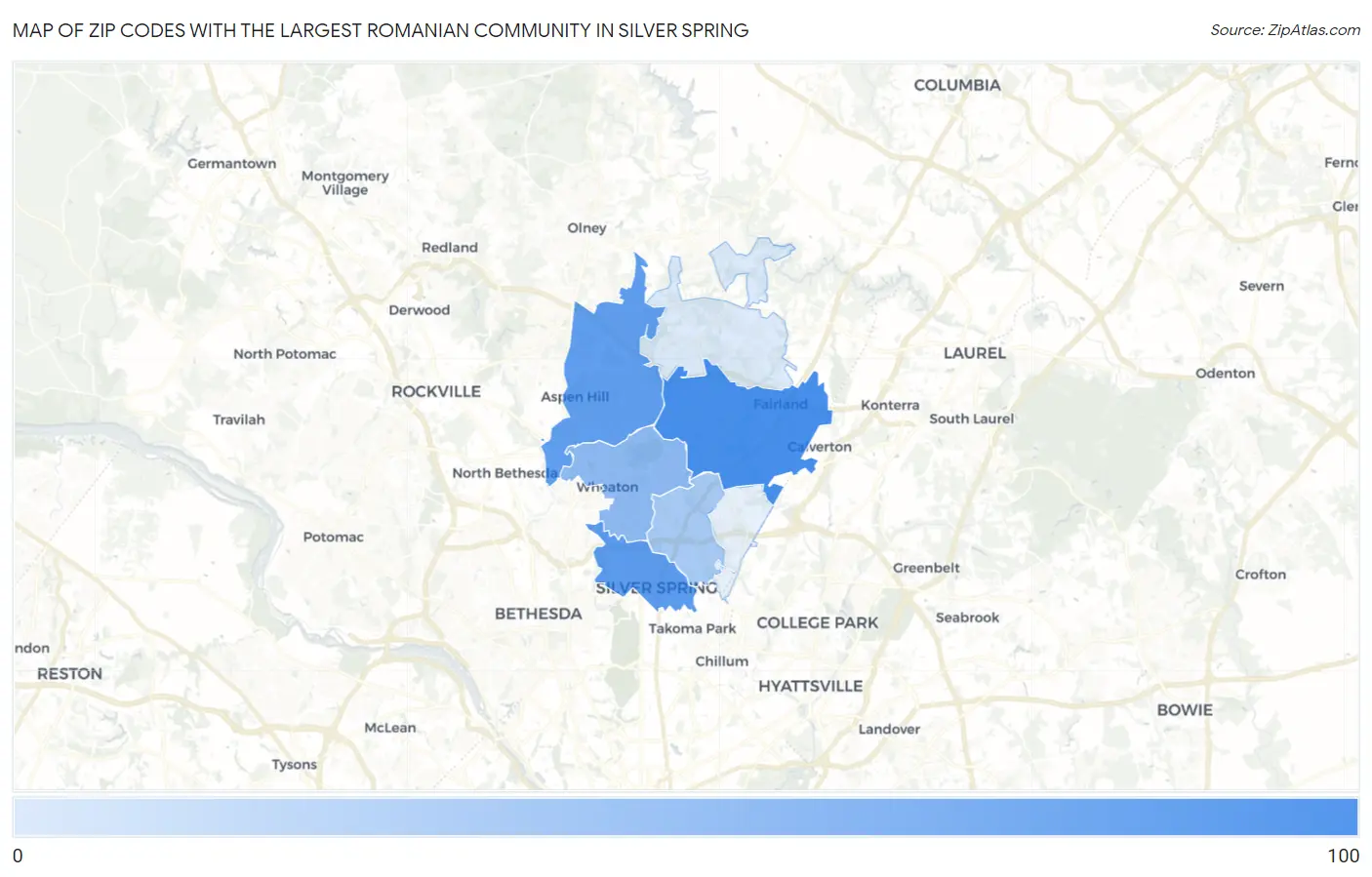 Zip Codes with the Largest Romanian Community in Silver Spring Map