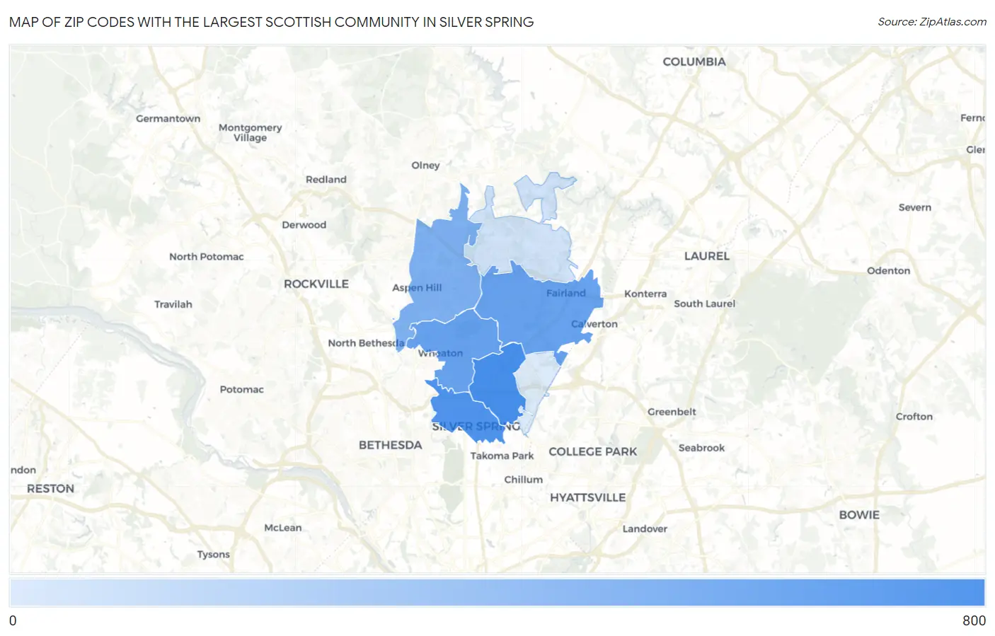 Zip Codes with the Largest Scottish Community in Silver Spring Map