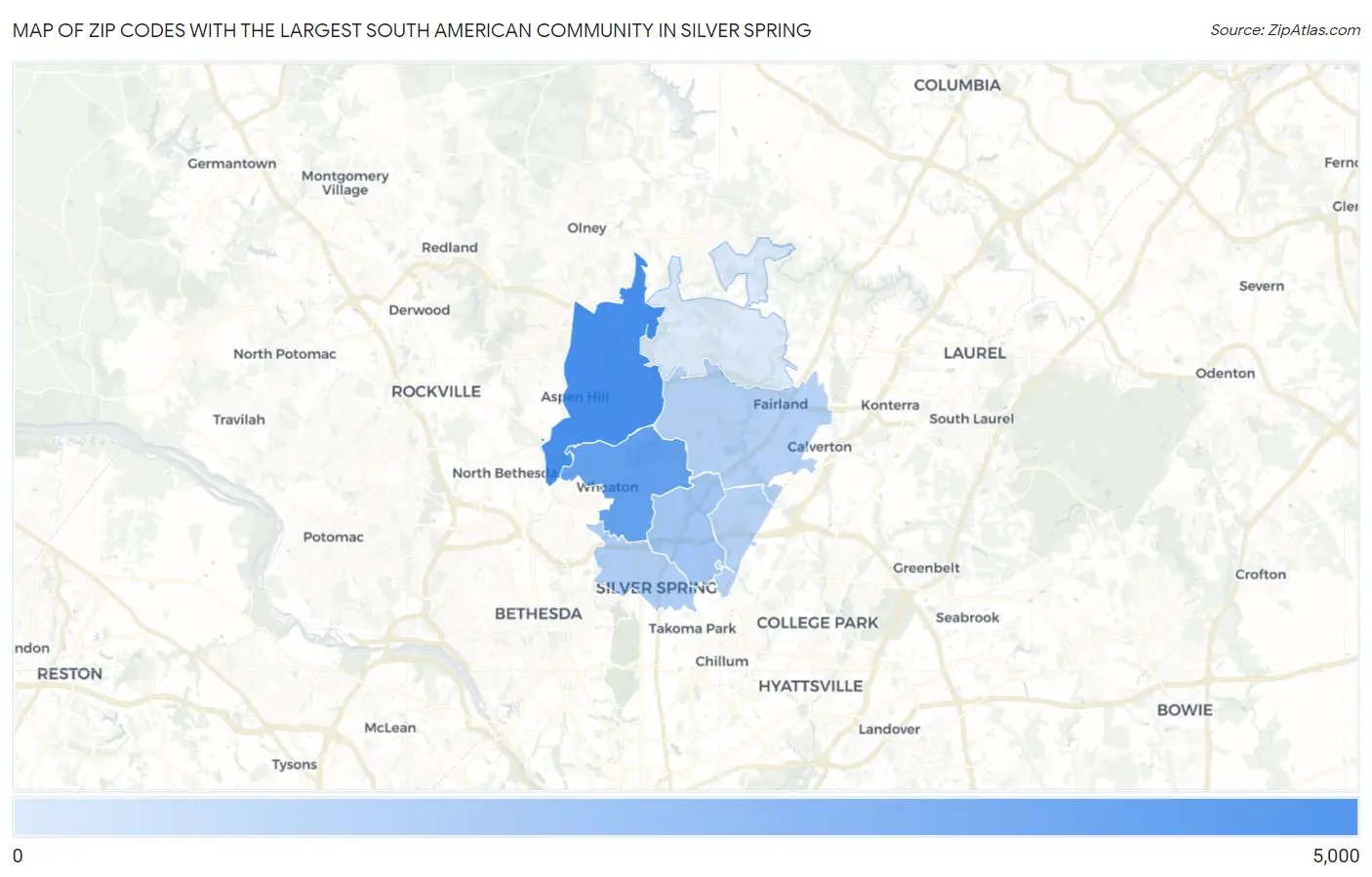 Zip Codes with the Largest South American Community in Silver Spring Map
