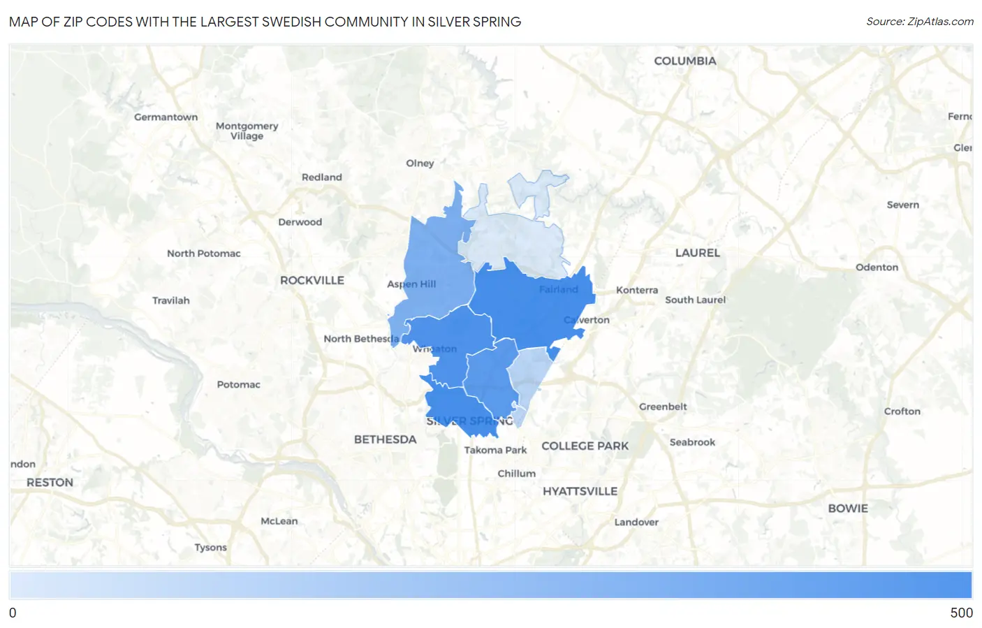 Zip Codes with the Largest Swedish Community in Silver Spring Map