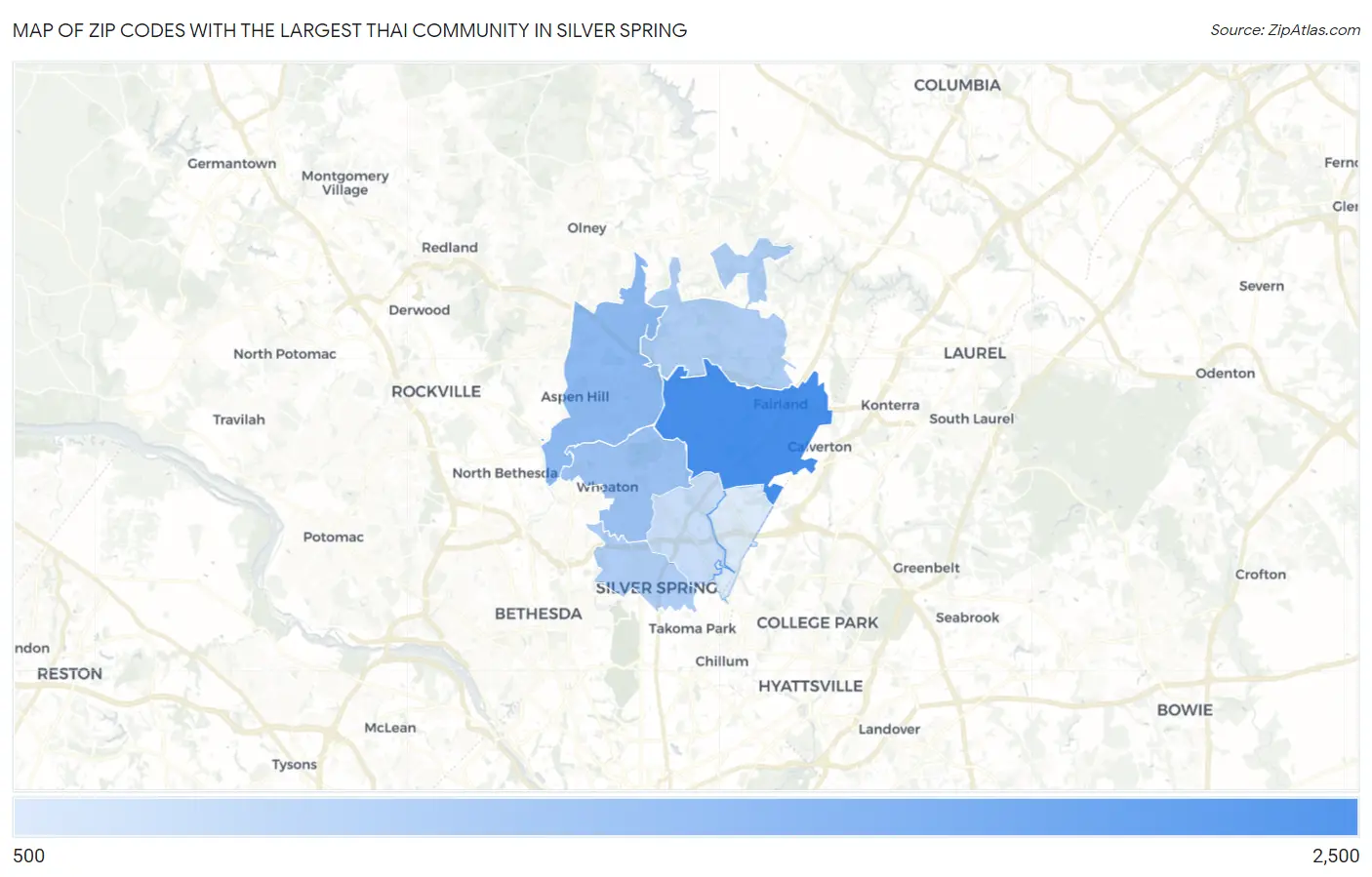 Zip Codes with the Largest Thai Community in Silver Spring Map