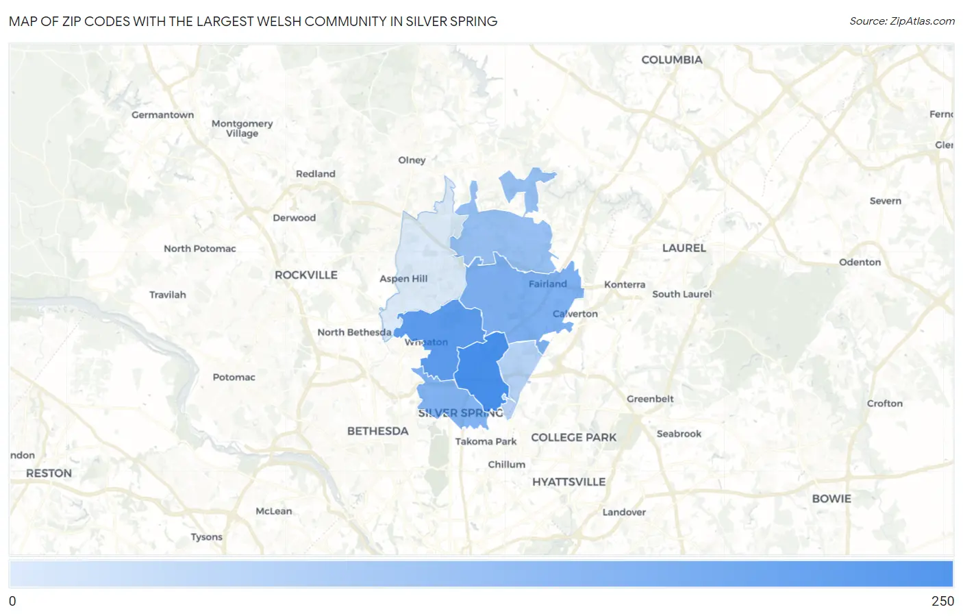 Zip Codes with the Largest Welsh Community in Silver Spring Map