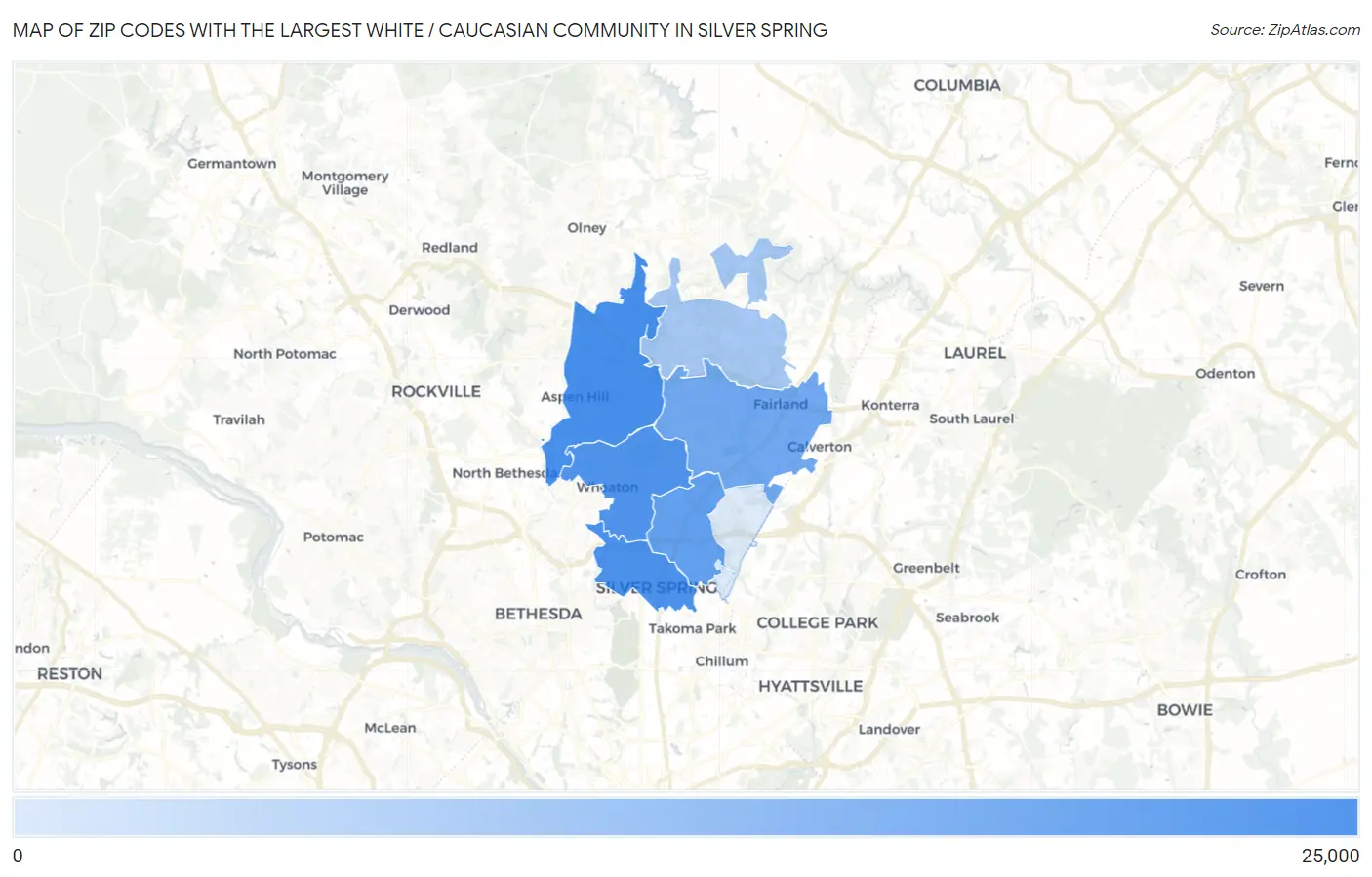 Zip Codes with the Largest White / Caucasian Community in Silver Spring Map