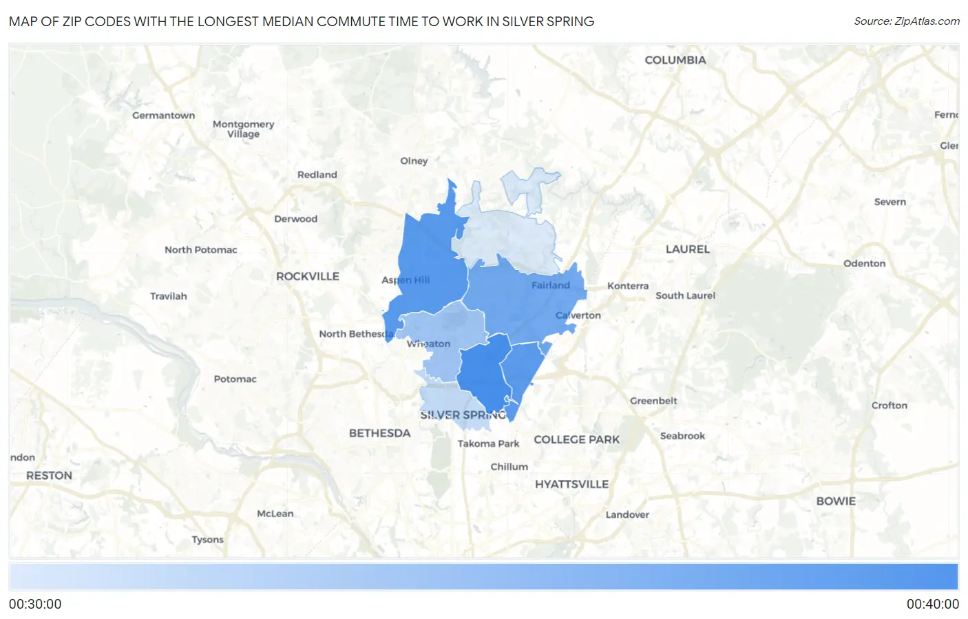 Zip Codes with the Longest Median Commute Time to Work in Silver Spring Map