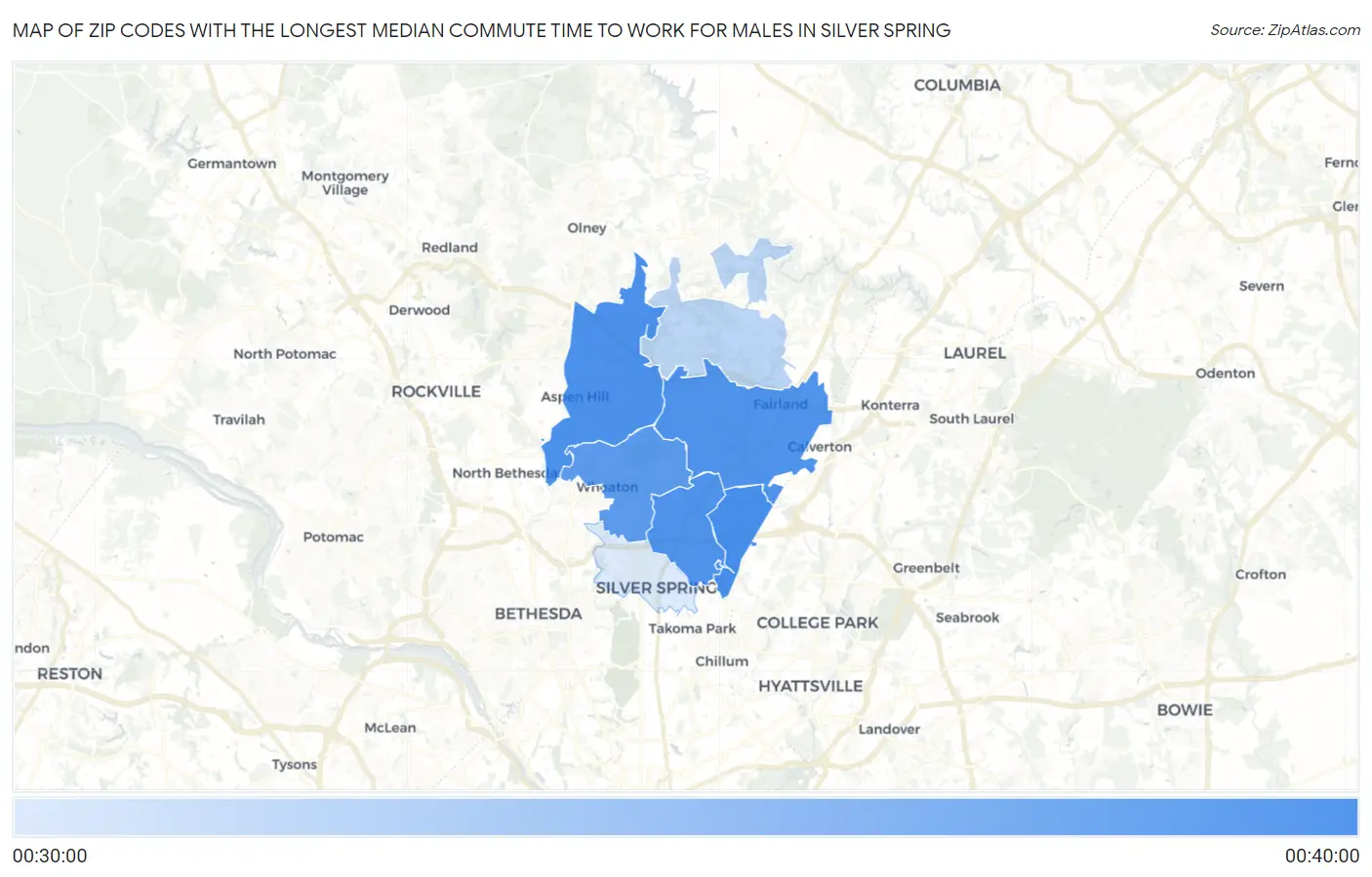 Zip Codes with the Longest Median Commute Time to Work for Males in Silver Spring Map