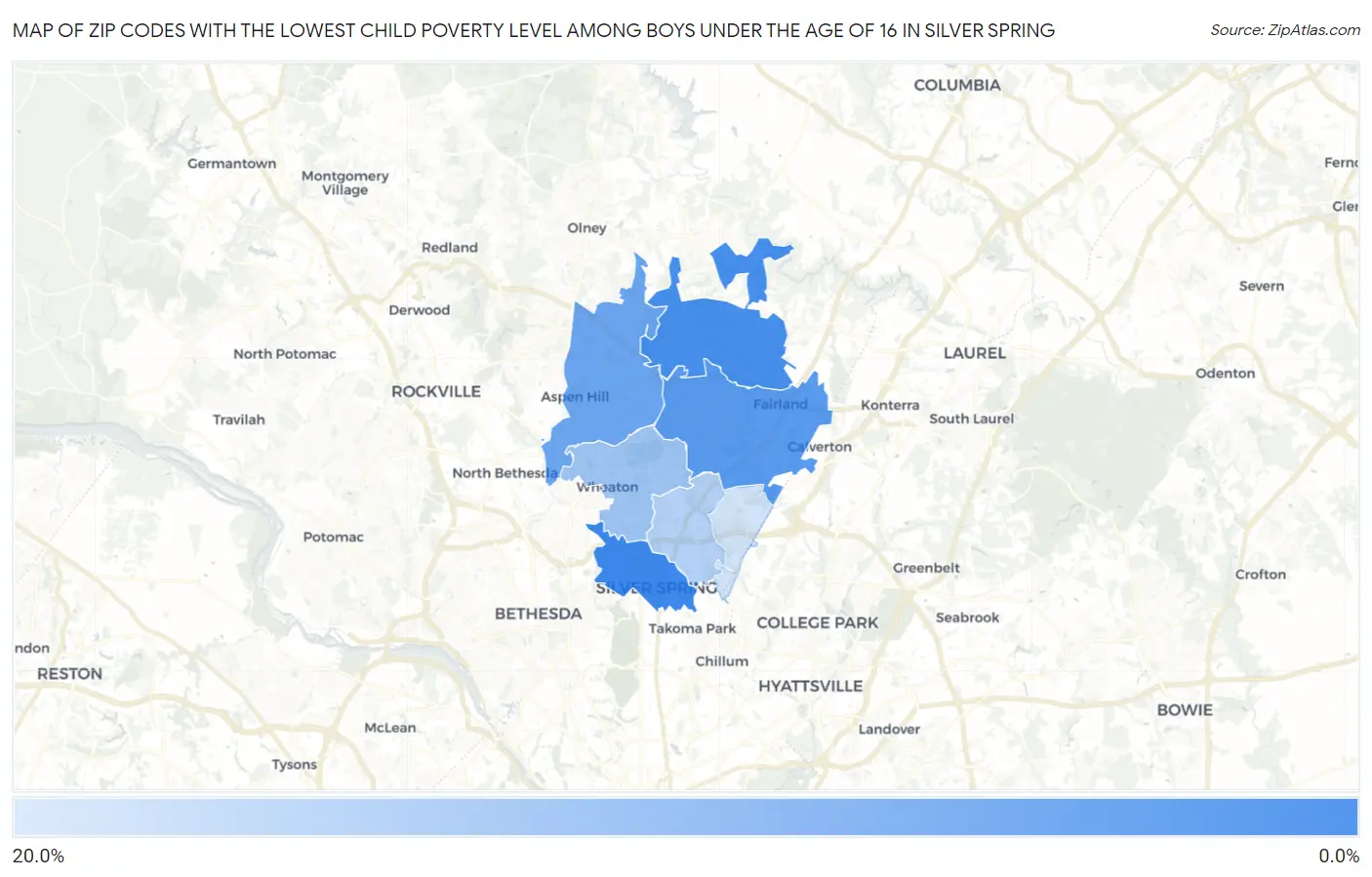 Zip Codes with the Lowest Child Poverty Level Among Boys Under the Age of 16 in Silver Spring Map
