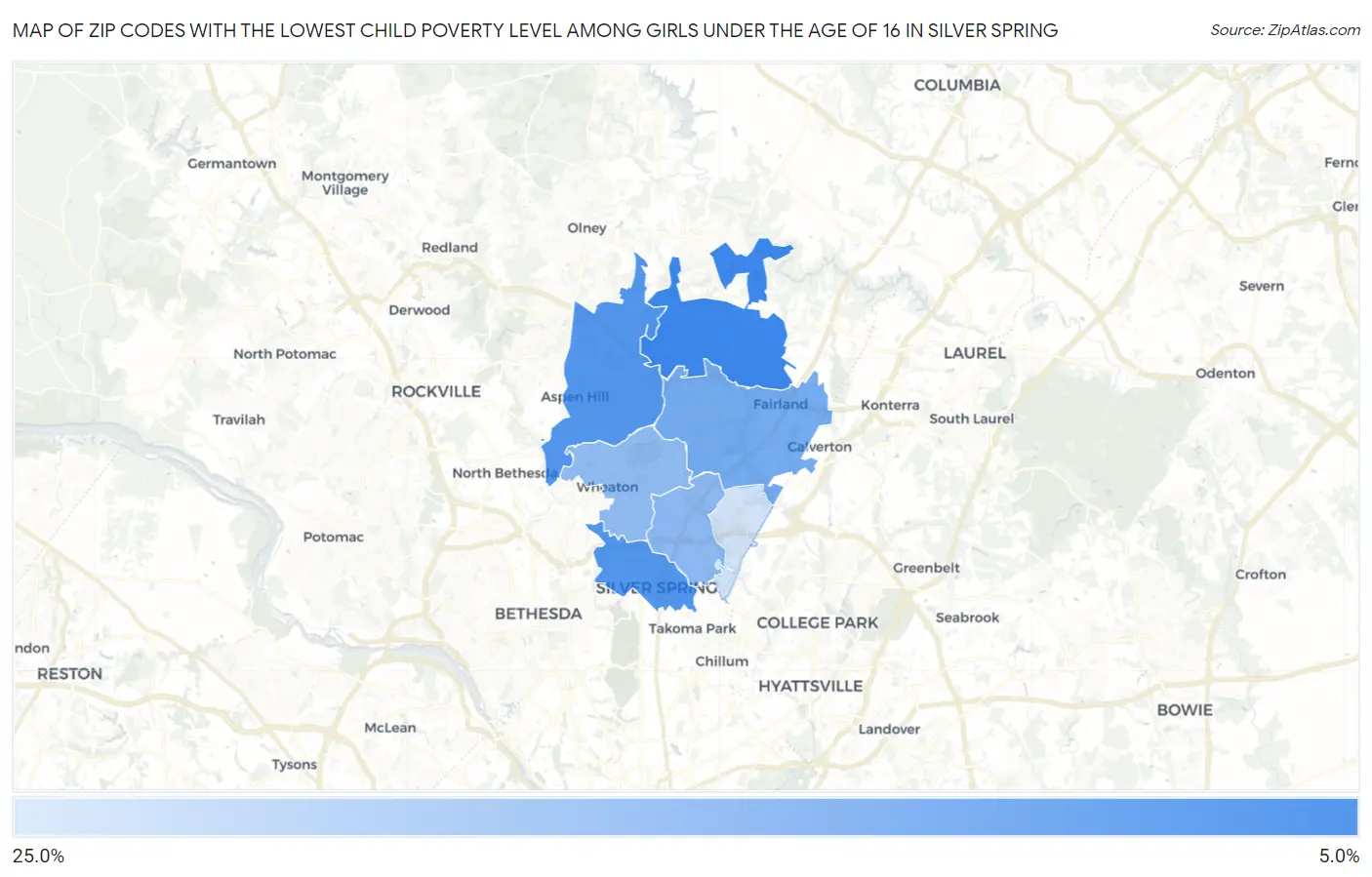 Zip Codes with the Lowest Child Poverty Level Among Girls Under the Age of 16 in Silver Spring Map