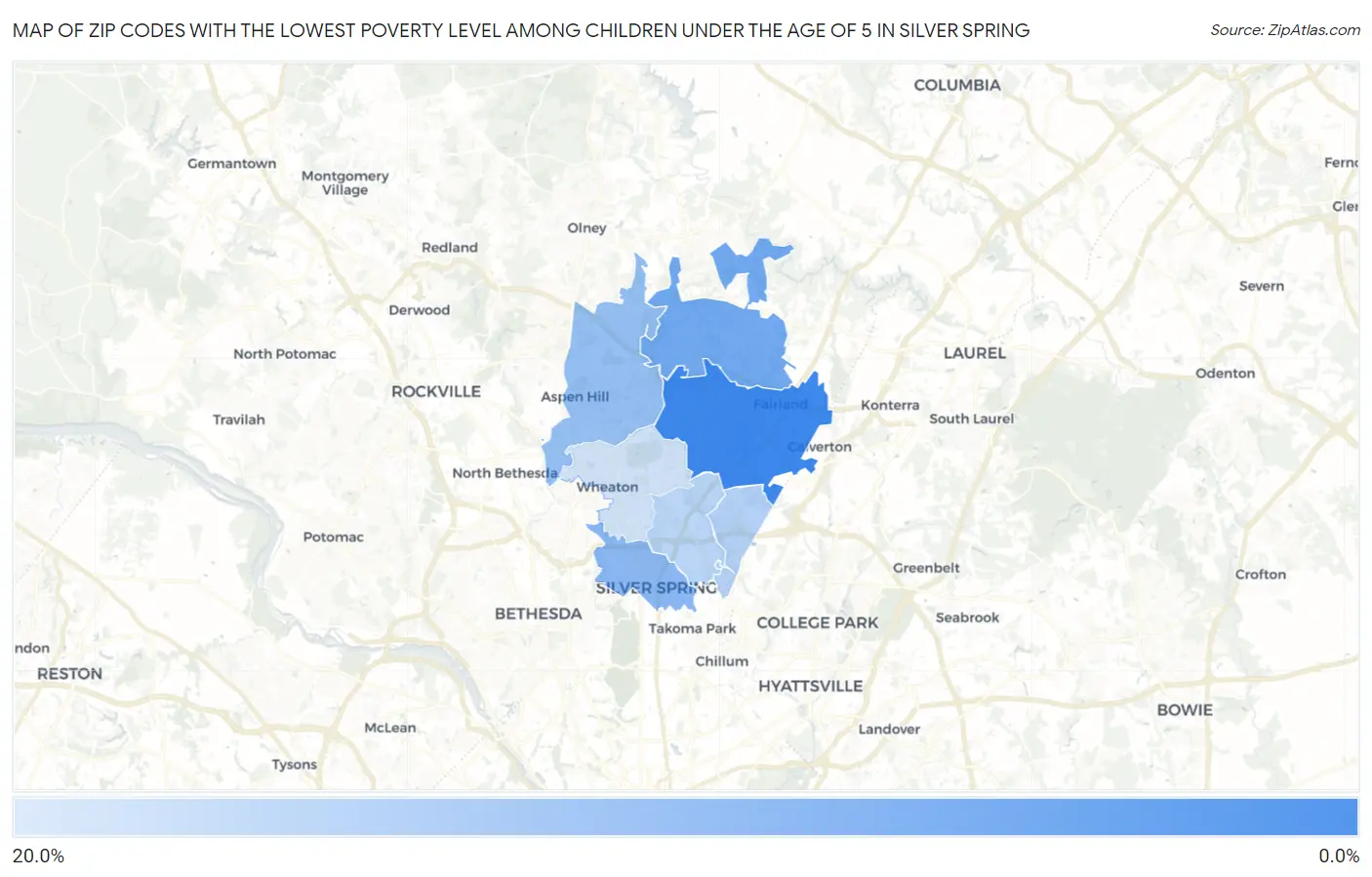 Zip Codes with the Lowest Poverty Level Among Children Under the Age of 5 in Silver Spring Map