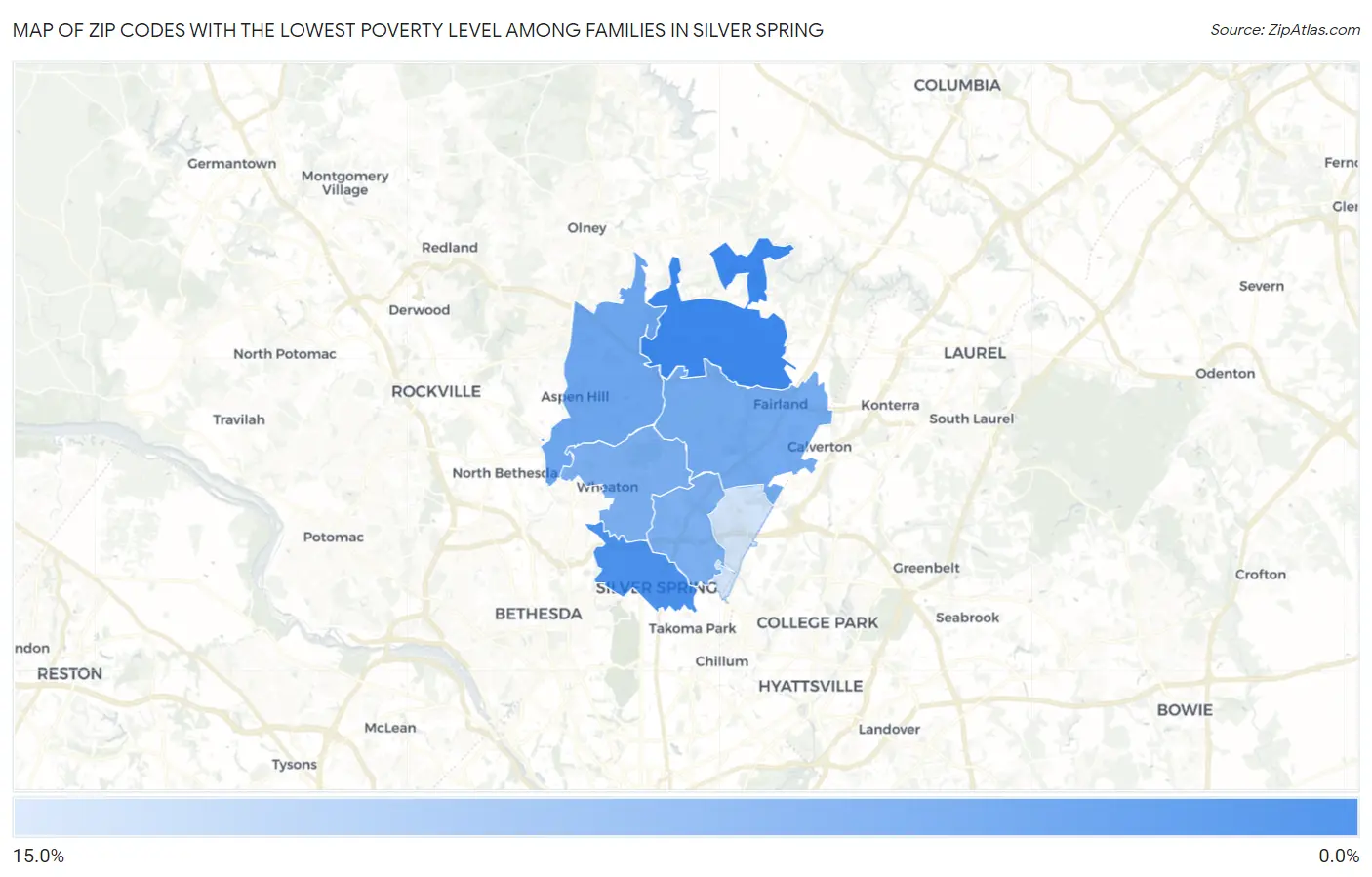Zip Codes with the Lowest Poverty Level Among Families in Silver Spring Map