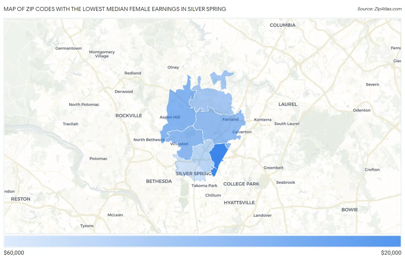 Zip Codes with the Lowest Median Female Earnings in Silver Spring Map