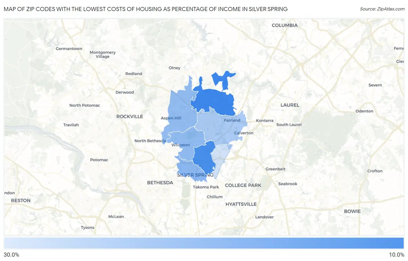 Zip Codes with the Lowest Costs of Housing as Percentage of Income in Silver Spring Map