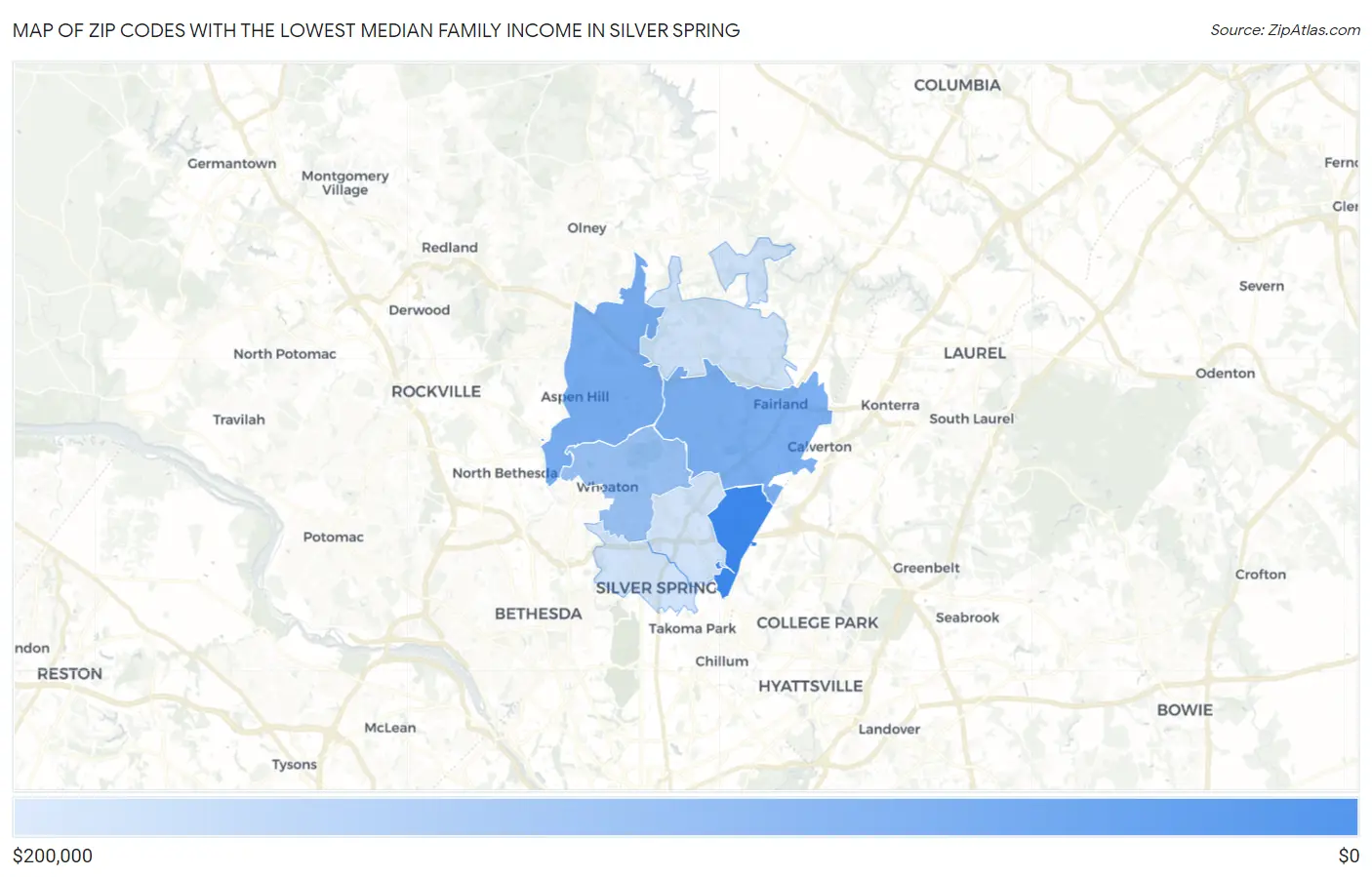 Zip Codes with the Lowest Median Family Income in Silver Spring Map