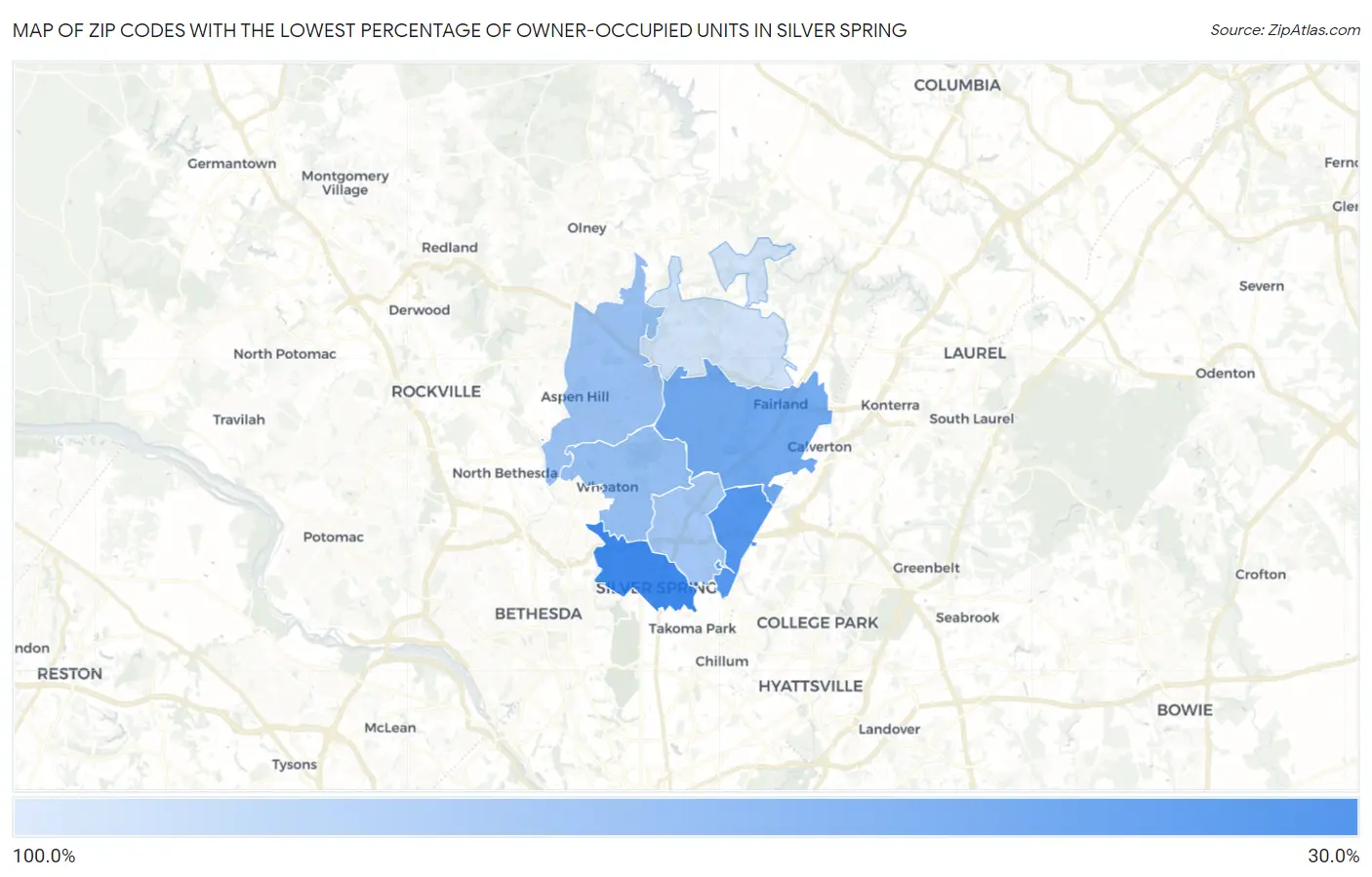 Zip Codes with the Lowest Percentage of Owner-Occupied Units in Silver Spring Map