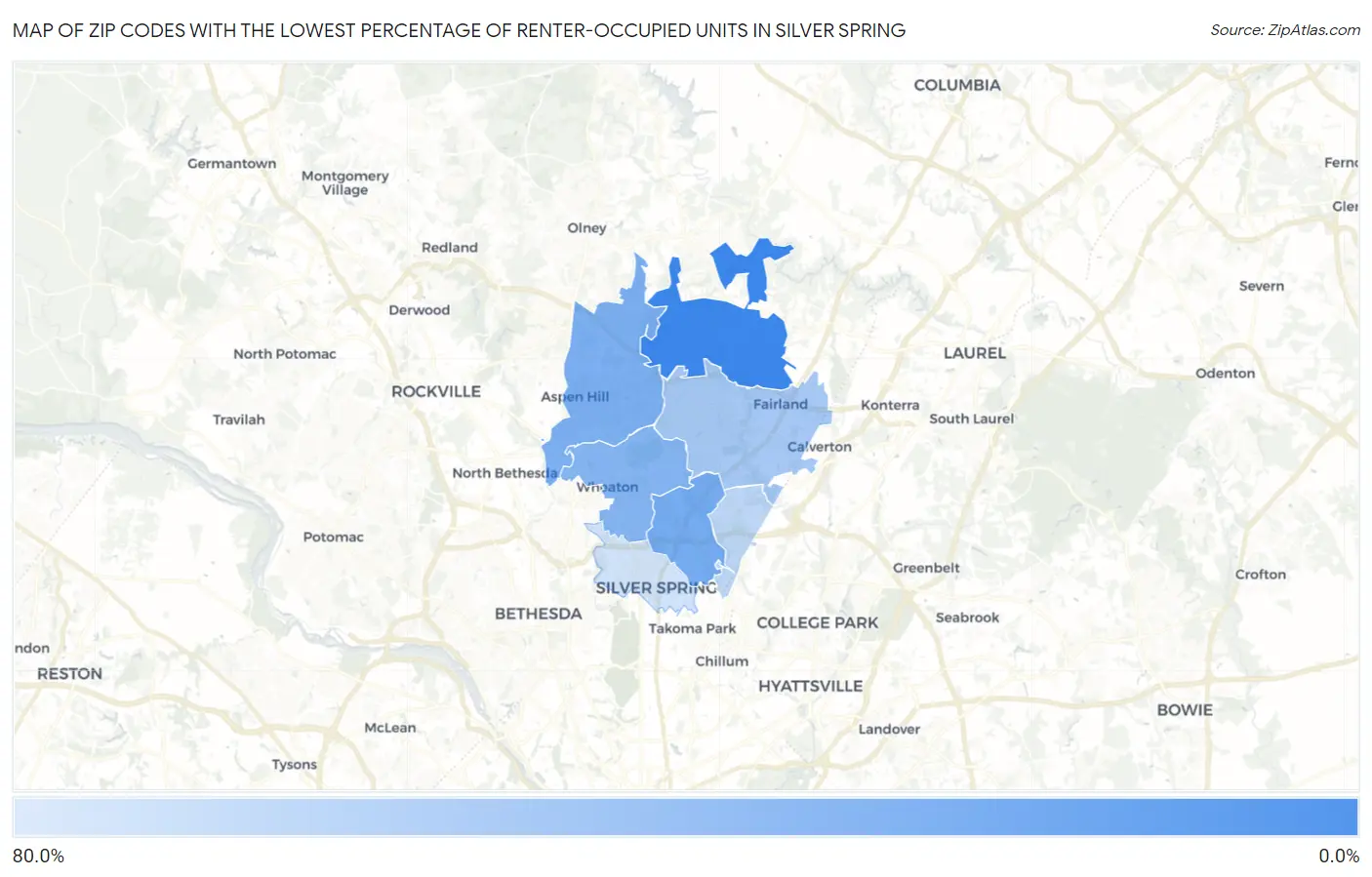 Zip Codes with the Lowest Percentage of Renter-Occupied Units in Silver Spring Map