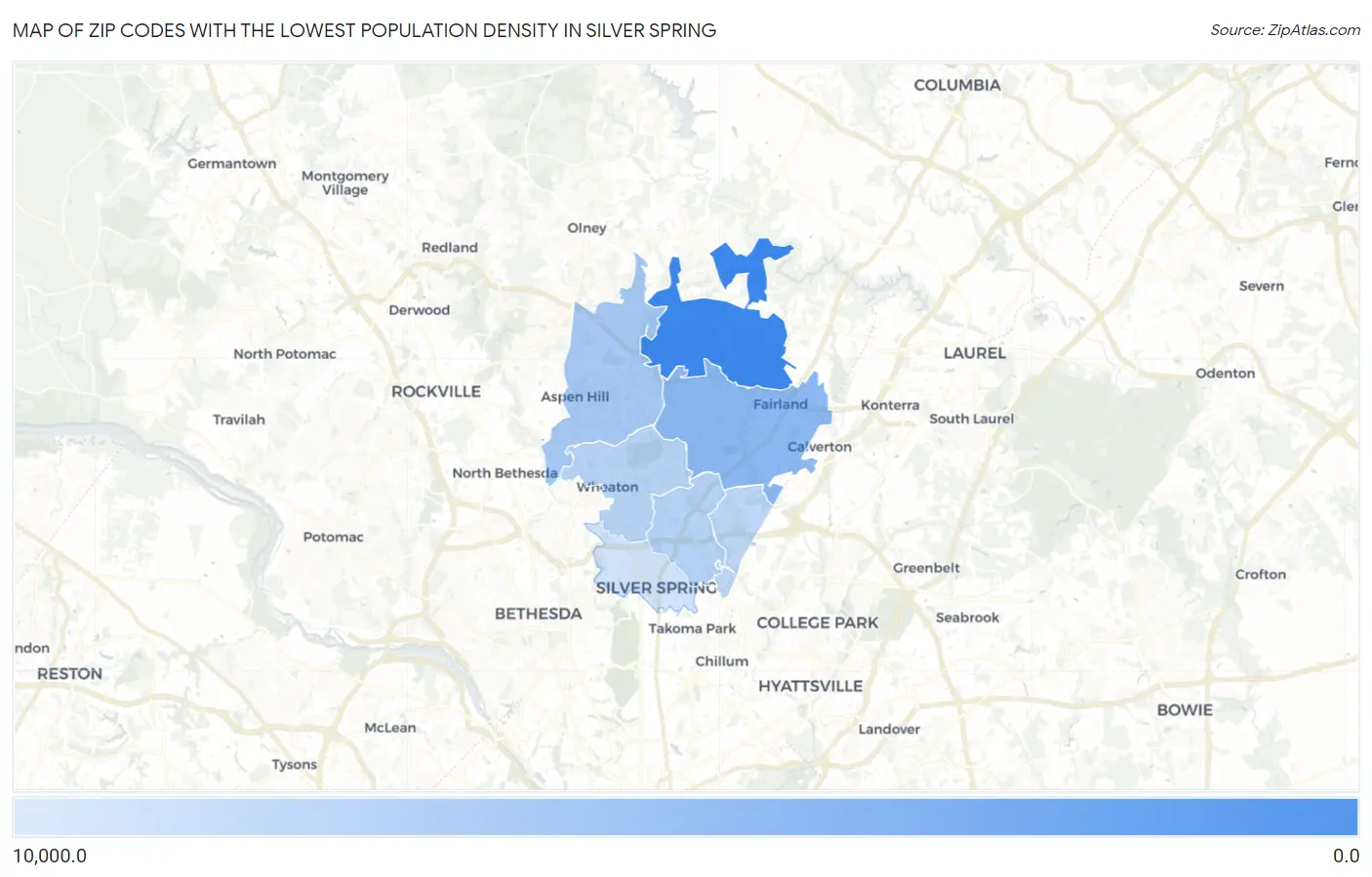 Zip Codes with the Lowest Population Density in Silver Spring Map